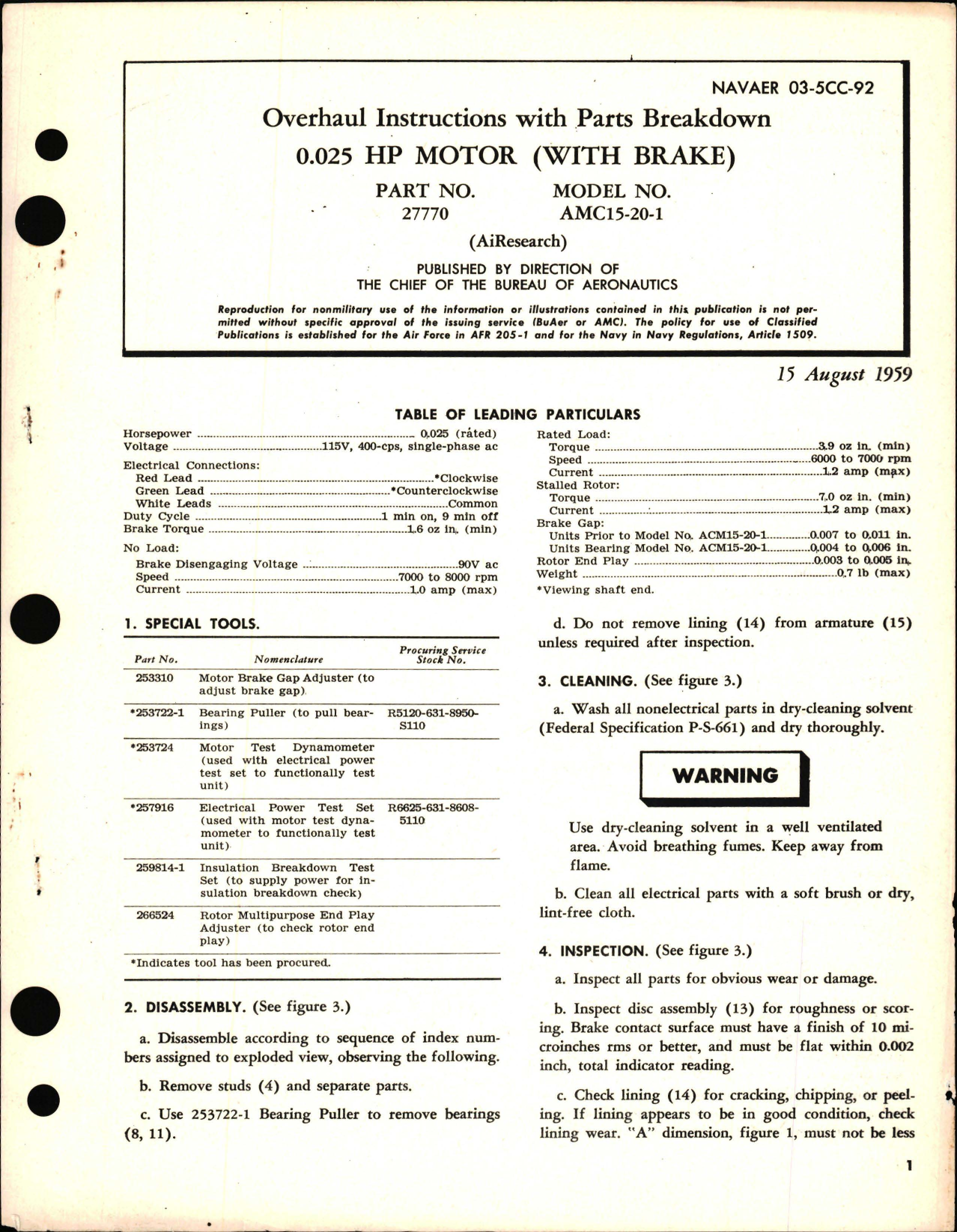 Sample page 1 from AirCorps Library document: Overhaul Instructions w Parts Breakdown for HP Motor with Brake 0.025 Part 27770 