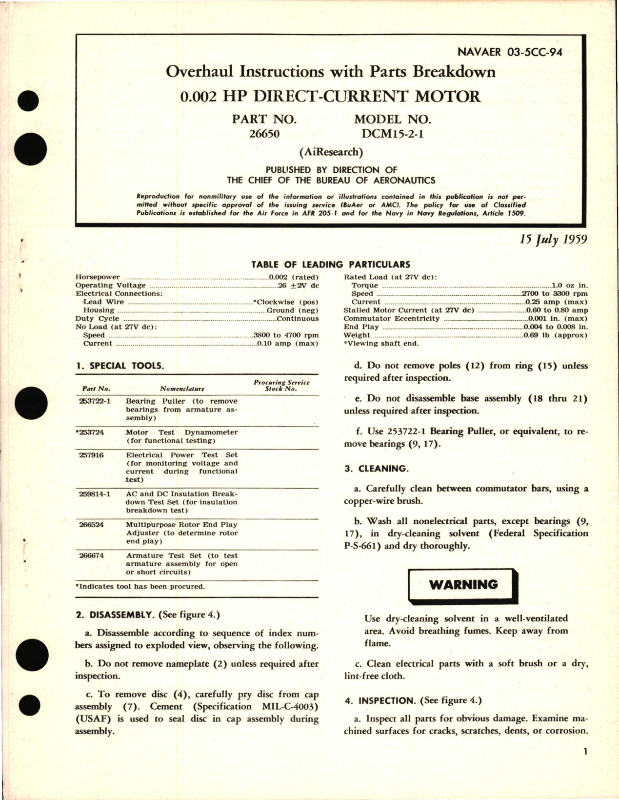 Sample page 1 from AirCorps Library document: Overhaul Instructions w Parts Breakdown for HP Direct Current Motor 0.002 Part 26650