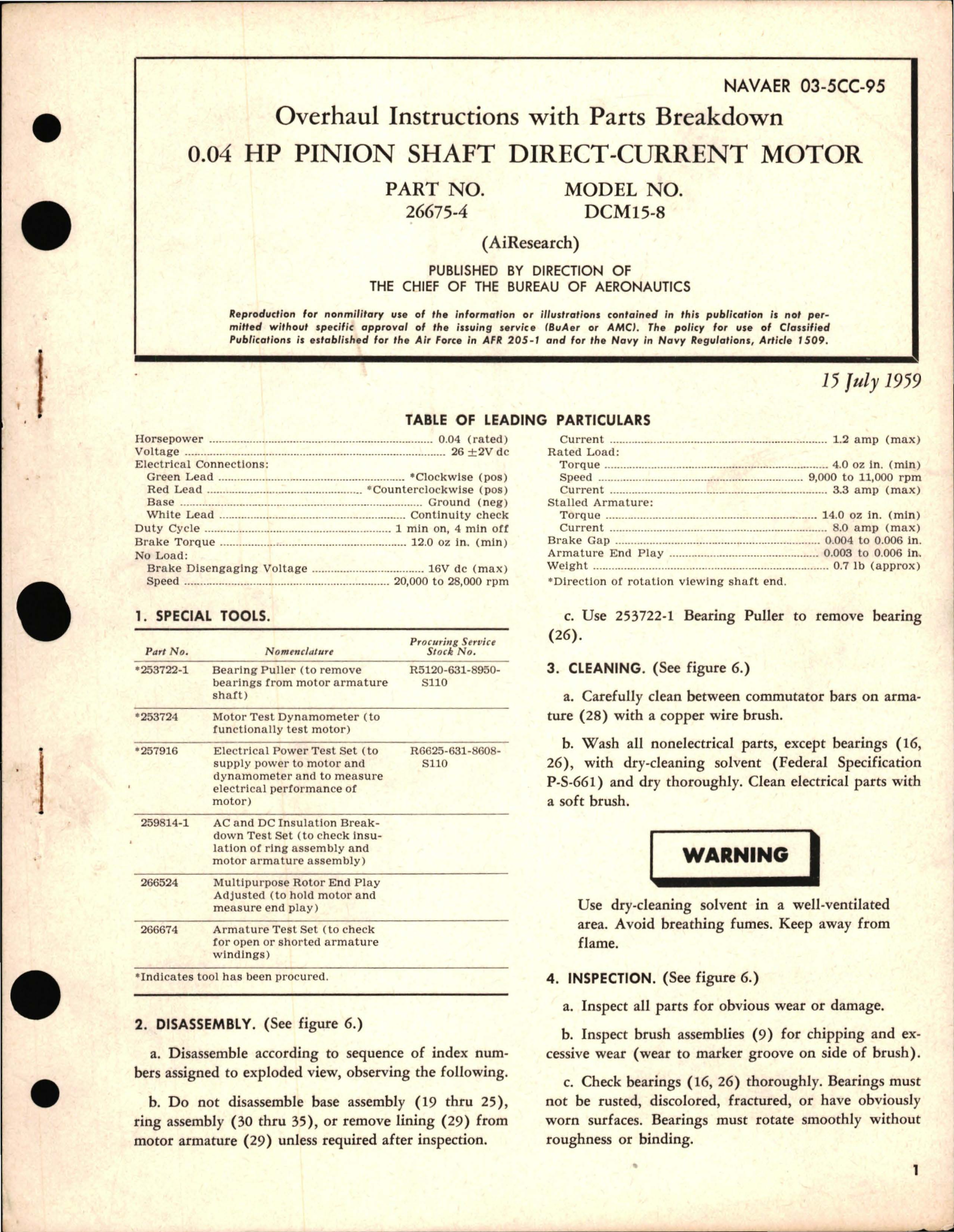 Sample page 1 from AirCorps Library document: Overhaul Instructions with Parts Breakdown for HP Pinion Shaft Direct Current Motor 0.04 Part 26675-4 