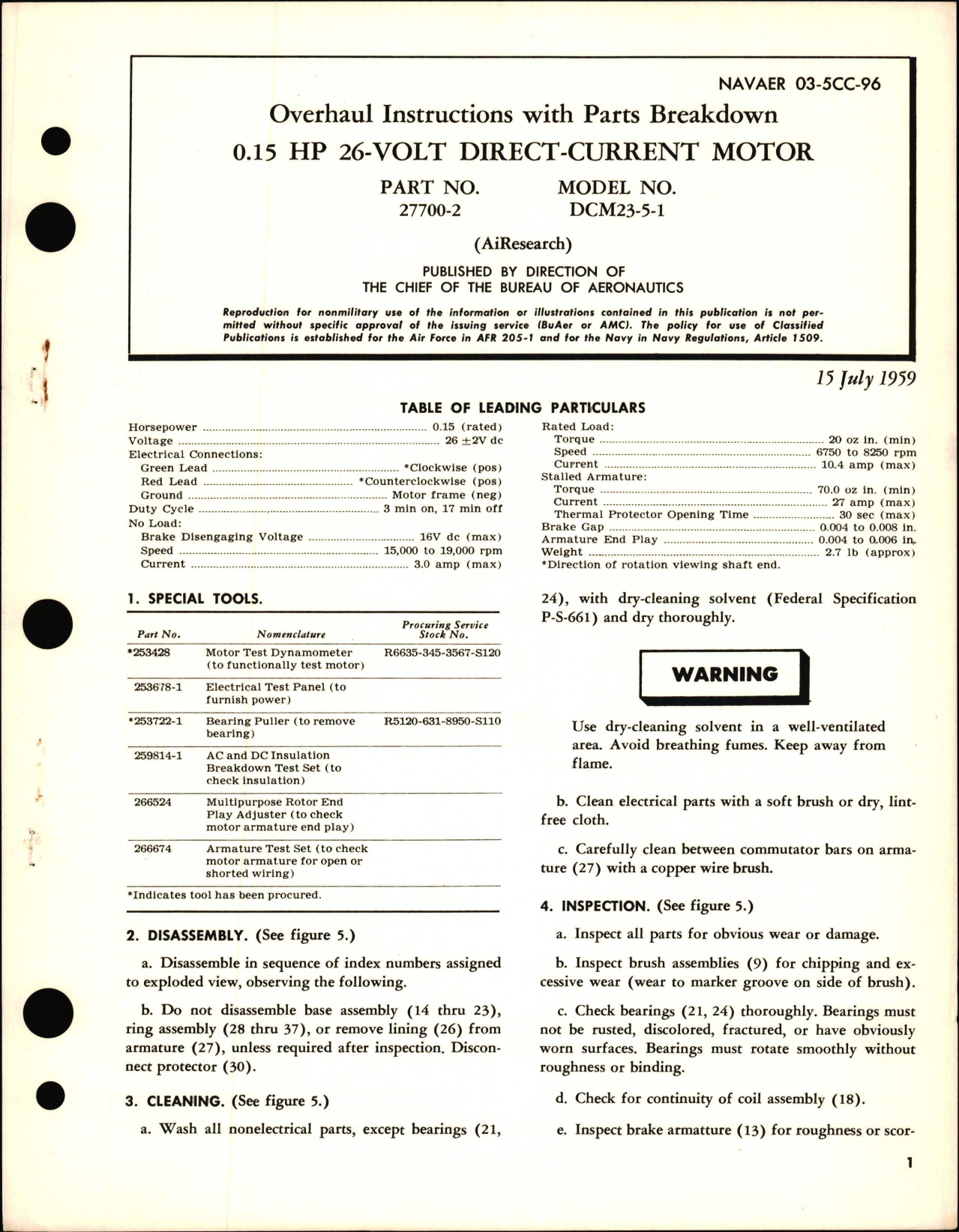 Sample page 1 from AirCorps Library document: Overhaul Instructions with Parts Breakdown for HP 26 Volt Direct Current Motor 0.15 - Part 27700-2 