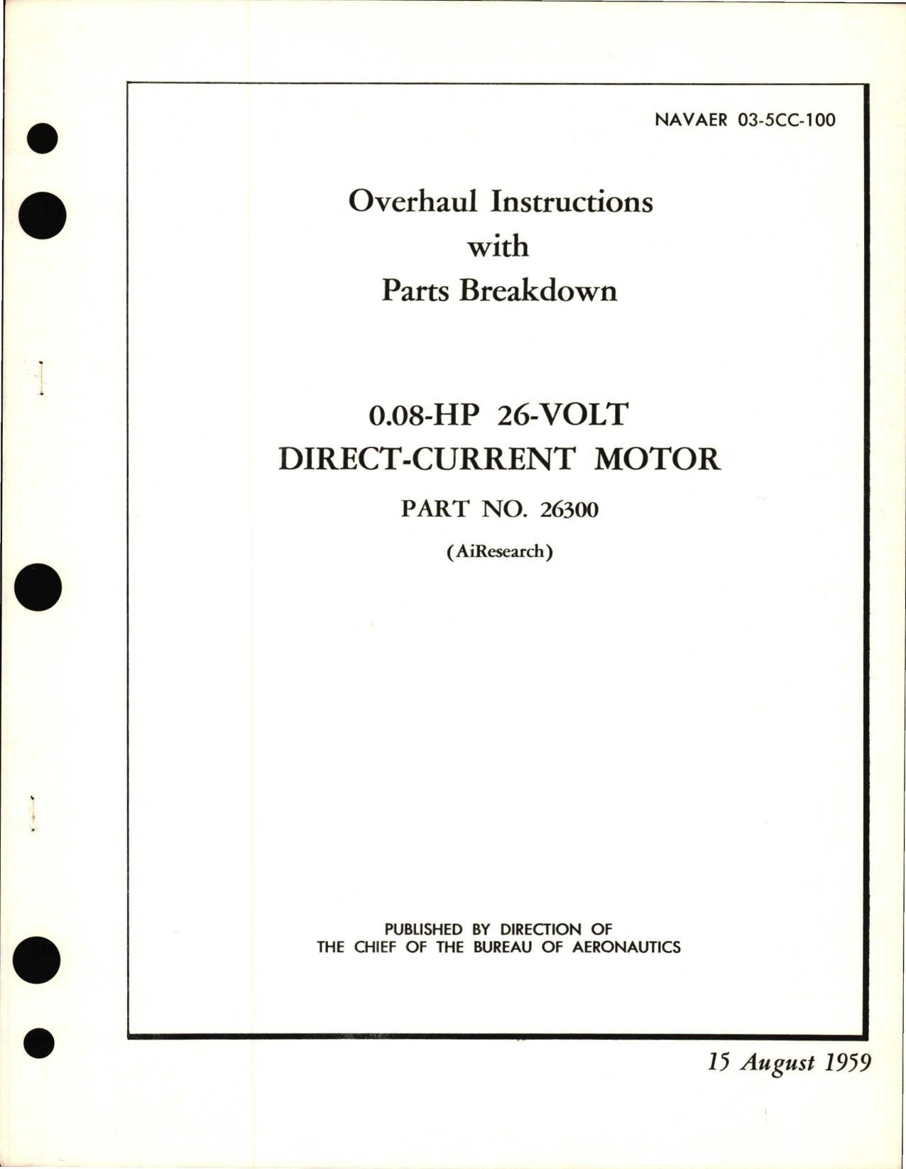 Sample page 1 from AirCorps Library document: Overhaul Instructions with Parts Breakdown for HP 26 Volt Direct Current Motor 0.08 Part 26300