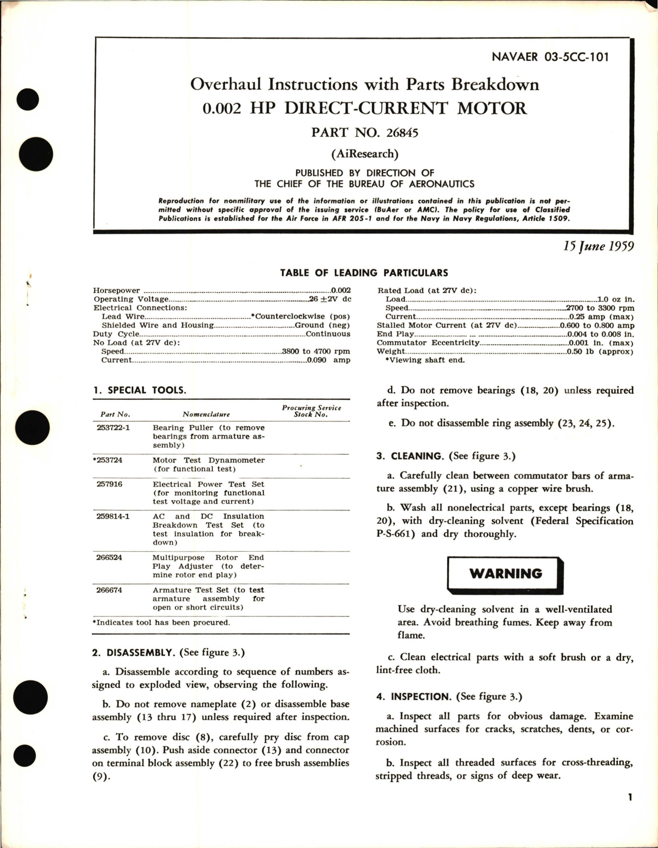Sample page 1 from AirCorps Library document: Overhaul Instructions with Parts Breakdown for HP Direct Current Motor 0.002 Part 26845