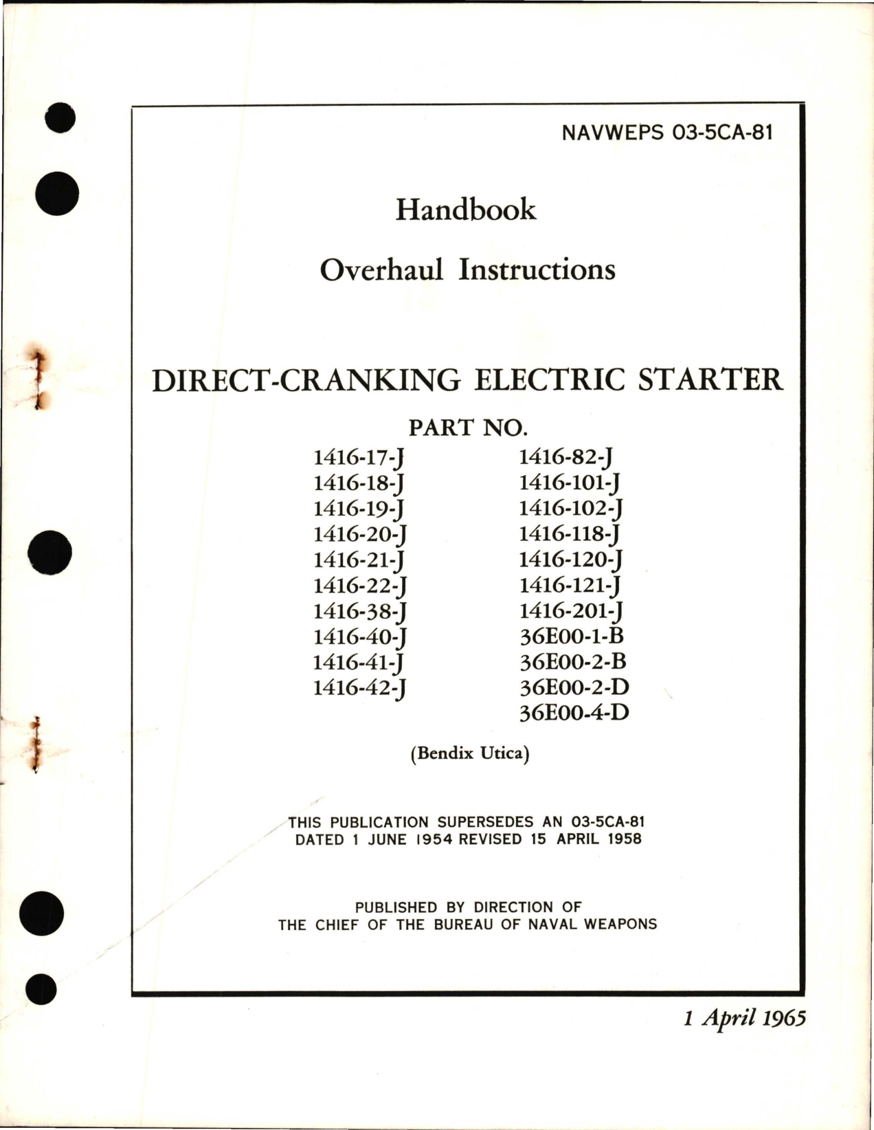 Sample page 1 from AirCorps Library document: Overhaul Instructions for Direct-Cranking Electric Starter Part 1416 Series and 36E00 Series 
