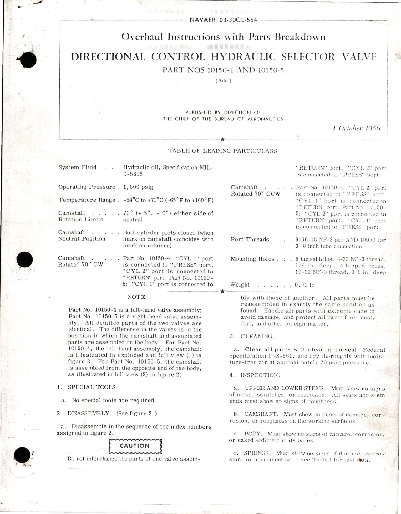 Sample page 1 from AirCorps Library document: Overhaul Instructions with Parts Breakdown for Directional Control Hydraulic Selector Valve - Part 10150-4 and 10150-5 