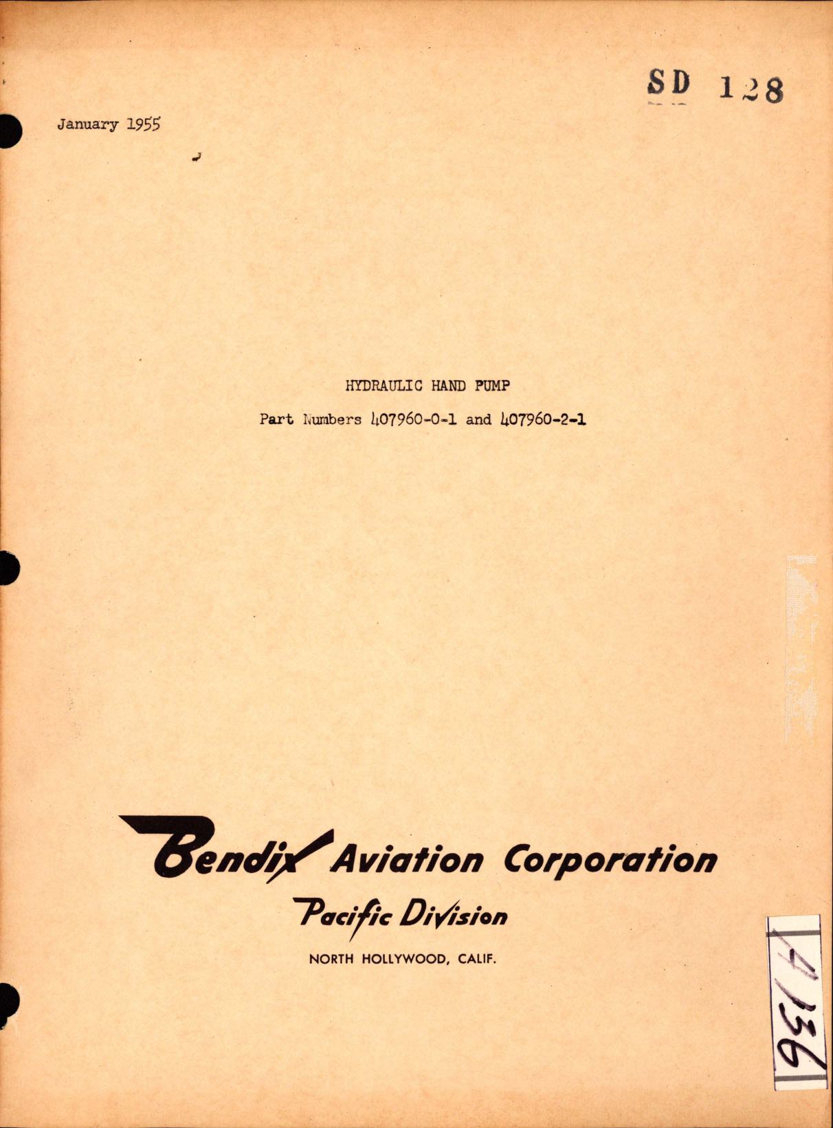 Sample page 1 from AirCorps Library document: Hydraulic Hand Pump - Parts 407960-0-1 and 407960-2-1 