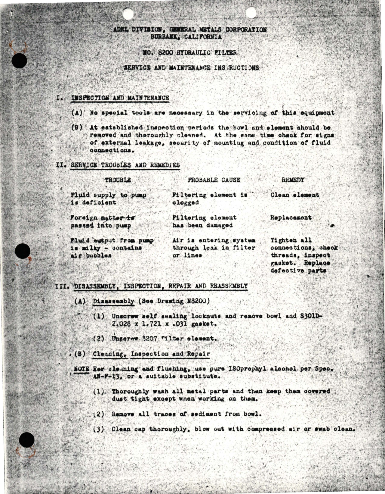 Sample page 1 from AirCorps Library document: Service and Maintenance Instructions for Hydraulic Filter - No. 8200