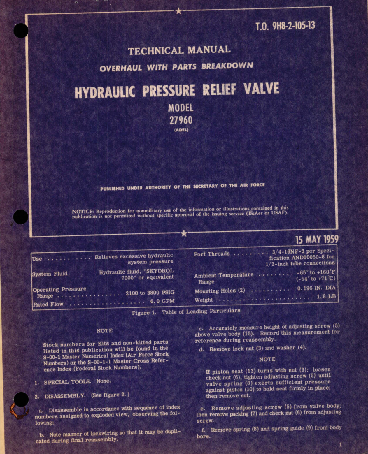 Sample page 1 from AirCorps Library document: Overhaul with Parts Breakdown for Hydraulic Pressure Relief Valve - Model 27960 