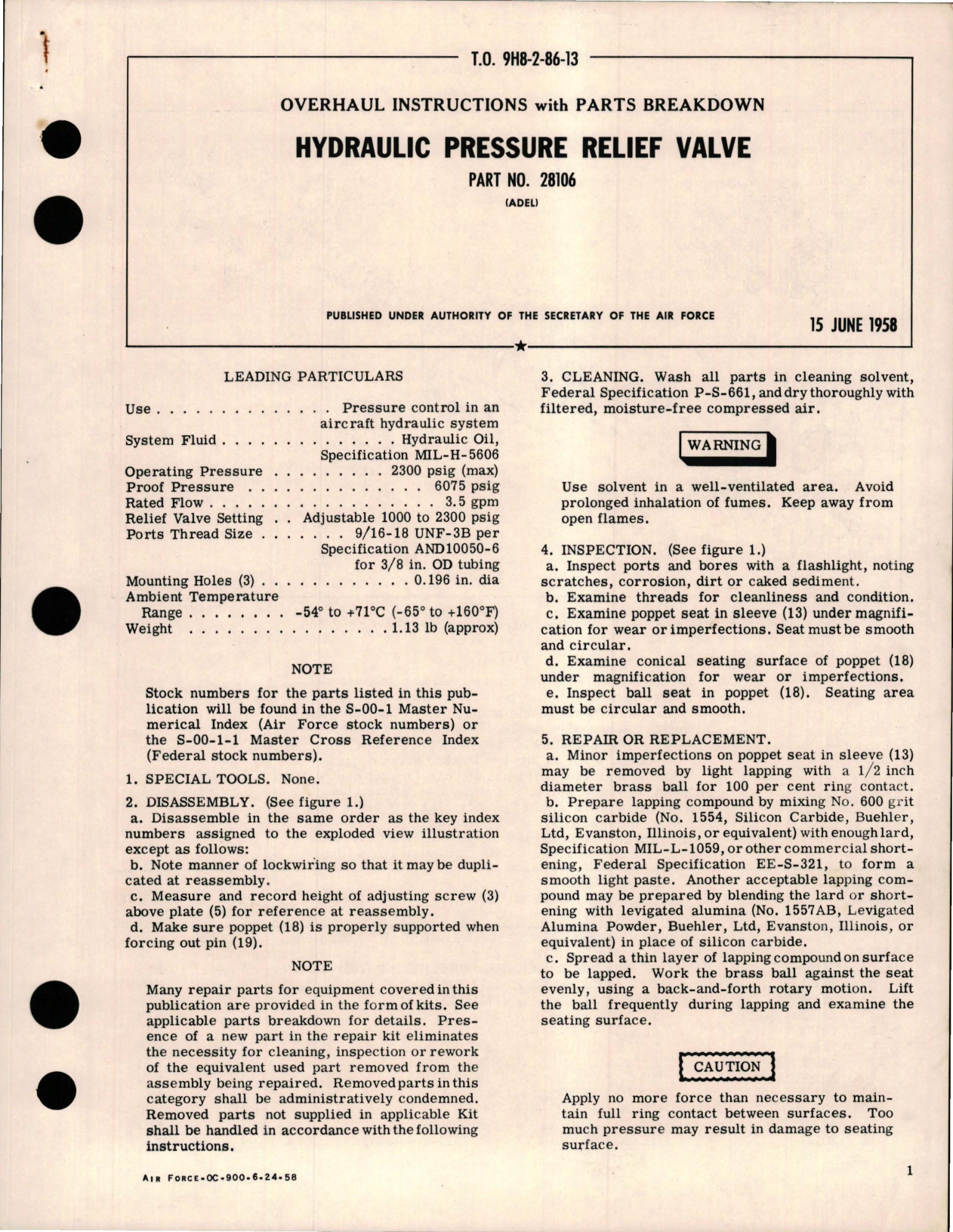 Sample page 1 from AirCorps Library document: Overhaul Instructions w Parts Breakdown for Hydraulic Pressure Relief Valve - Part 28106