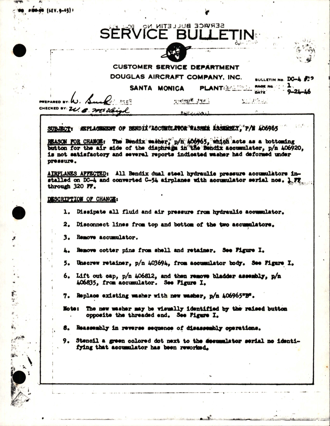 Sample page 1 from AirCorps Library document: Replacement of Bendix Accumulator Washer Assembly - Part 406965