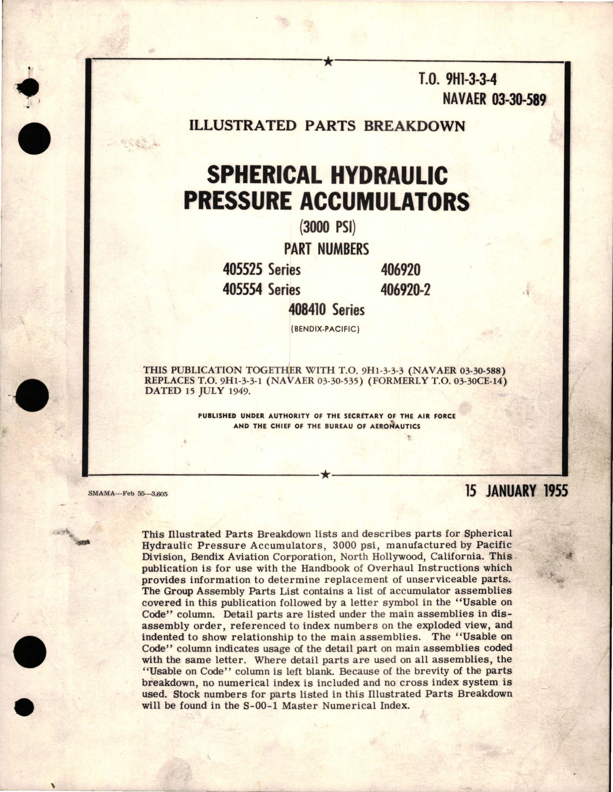 Sample page 1 from AirCorps Library document: Illustrated Parts Breakdown for Spherical Hydraulic Pressure Accumulators - 300 PSI - Parts 405525, 405554, 406920, 406920-2, and 408410