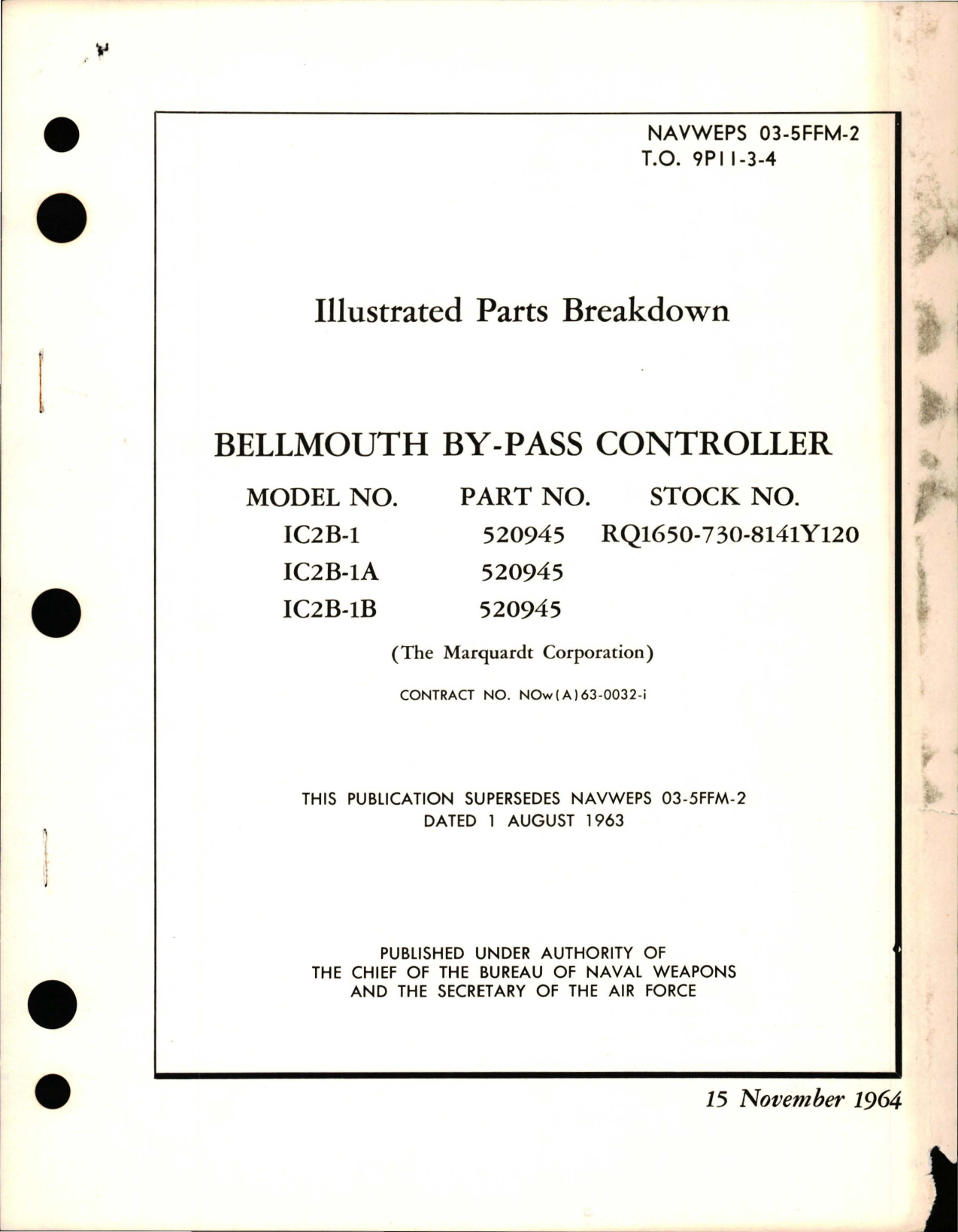 Sample page 1 from AirCorps Library document: Illustrated Parts Breakdown for Bellmouth By-Pass Controller - Models 1C2B-1, 1C2B-1A, and 1C2B-1B - Part 520945