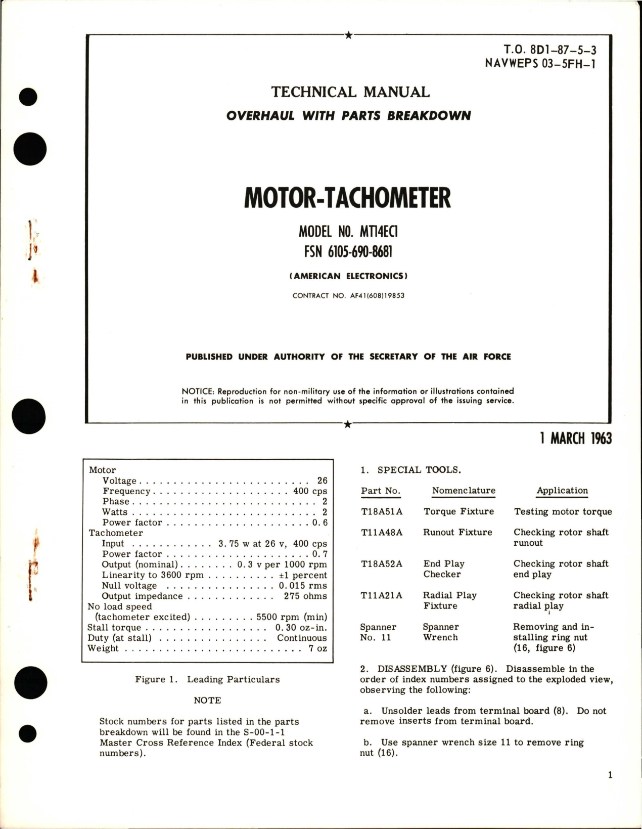 Sample page 1 from AirCorps Library document: Overhaul with Parts Breakdown for Motor-Tachometer - Model MT14EC1 