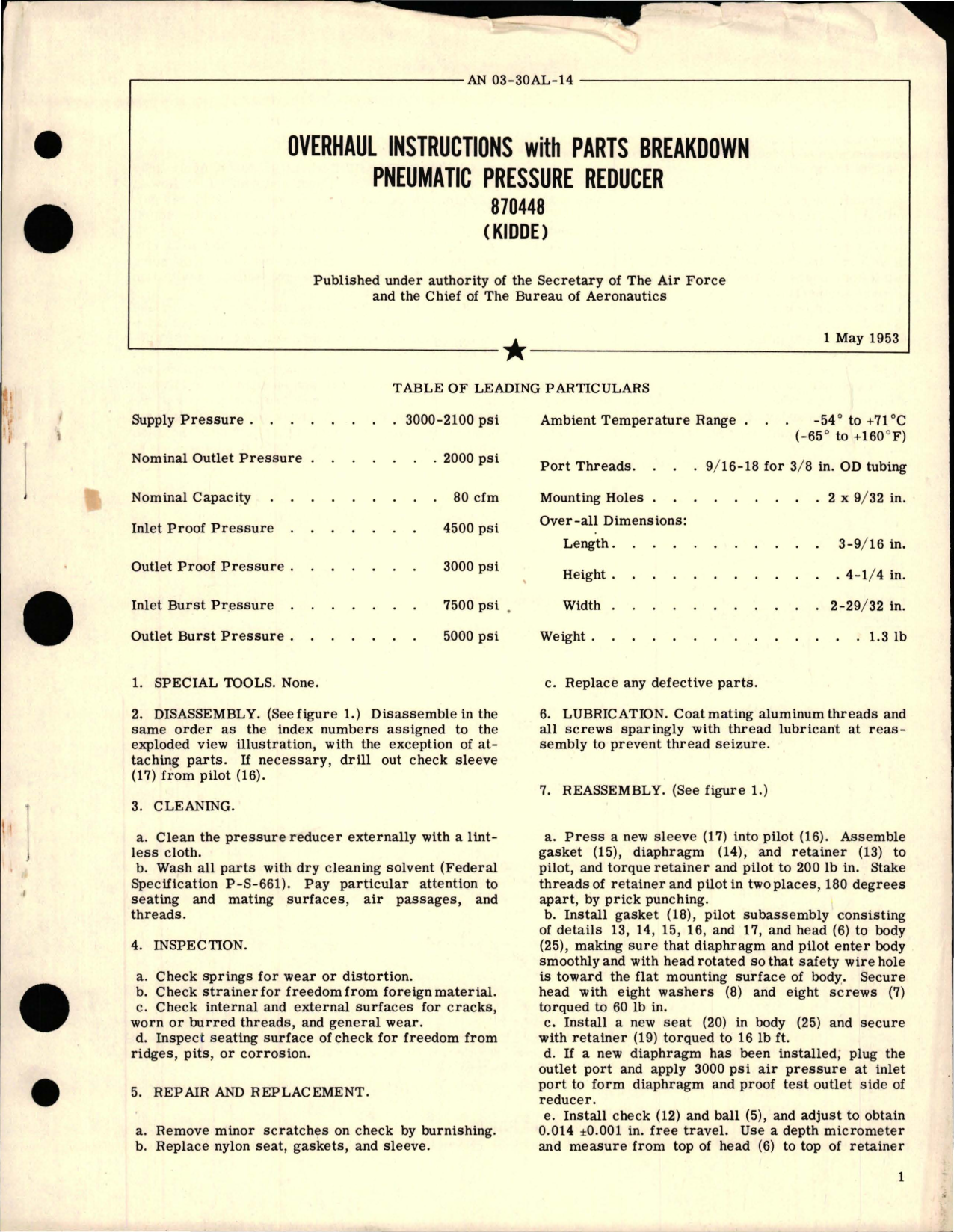 Sample page 1 from AirCorps Library document: Overhaul Instructions with Parts Breakdown for Pneumatic Pressure Reducer - 870448 