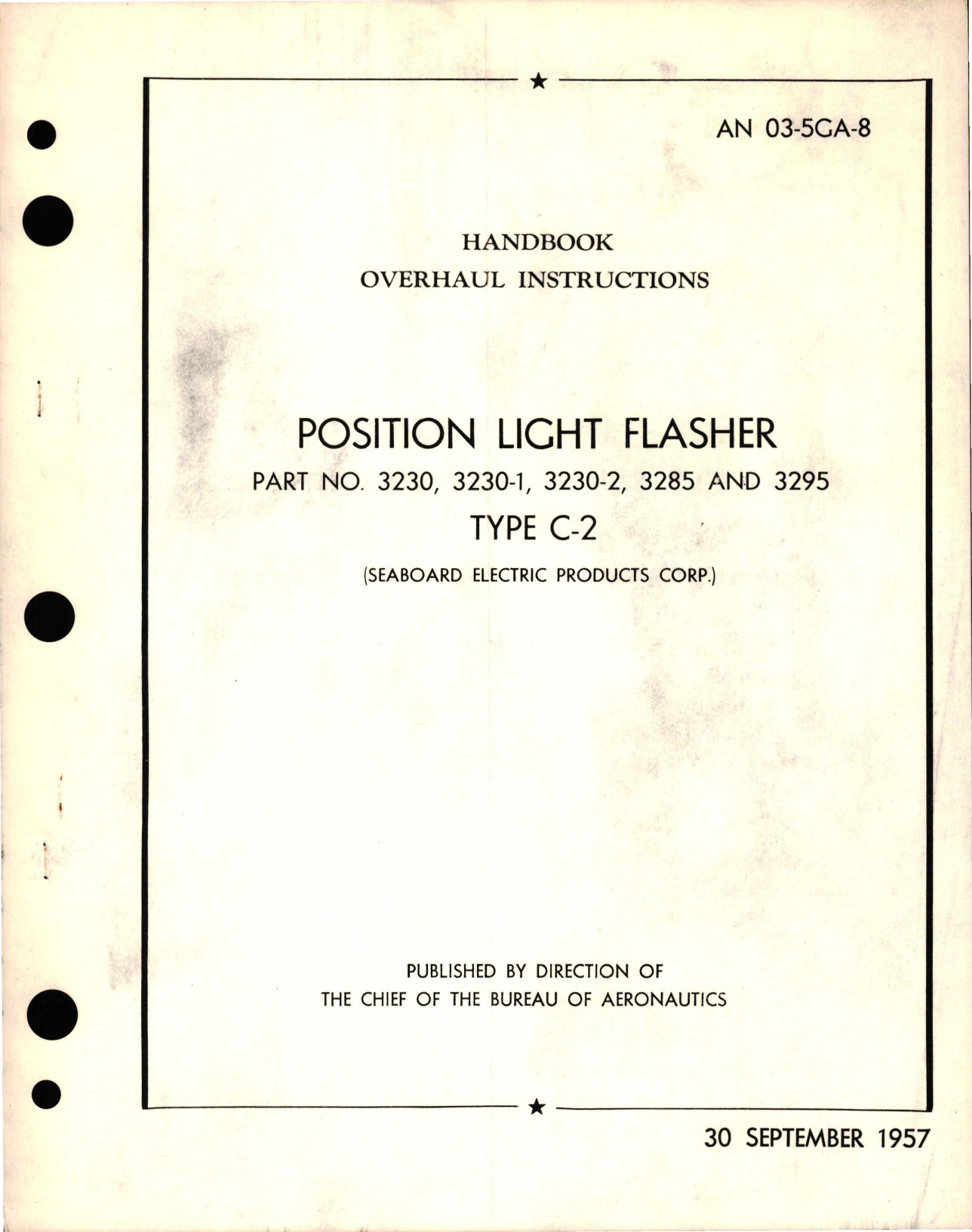Sample page 1 from AirCorps Library document: Overhaul Instructions for Position Light Flasher - Type C-2, Parts 3230, 3230-1, 3230-2, 3285, and 3295