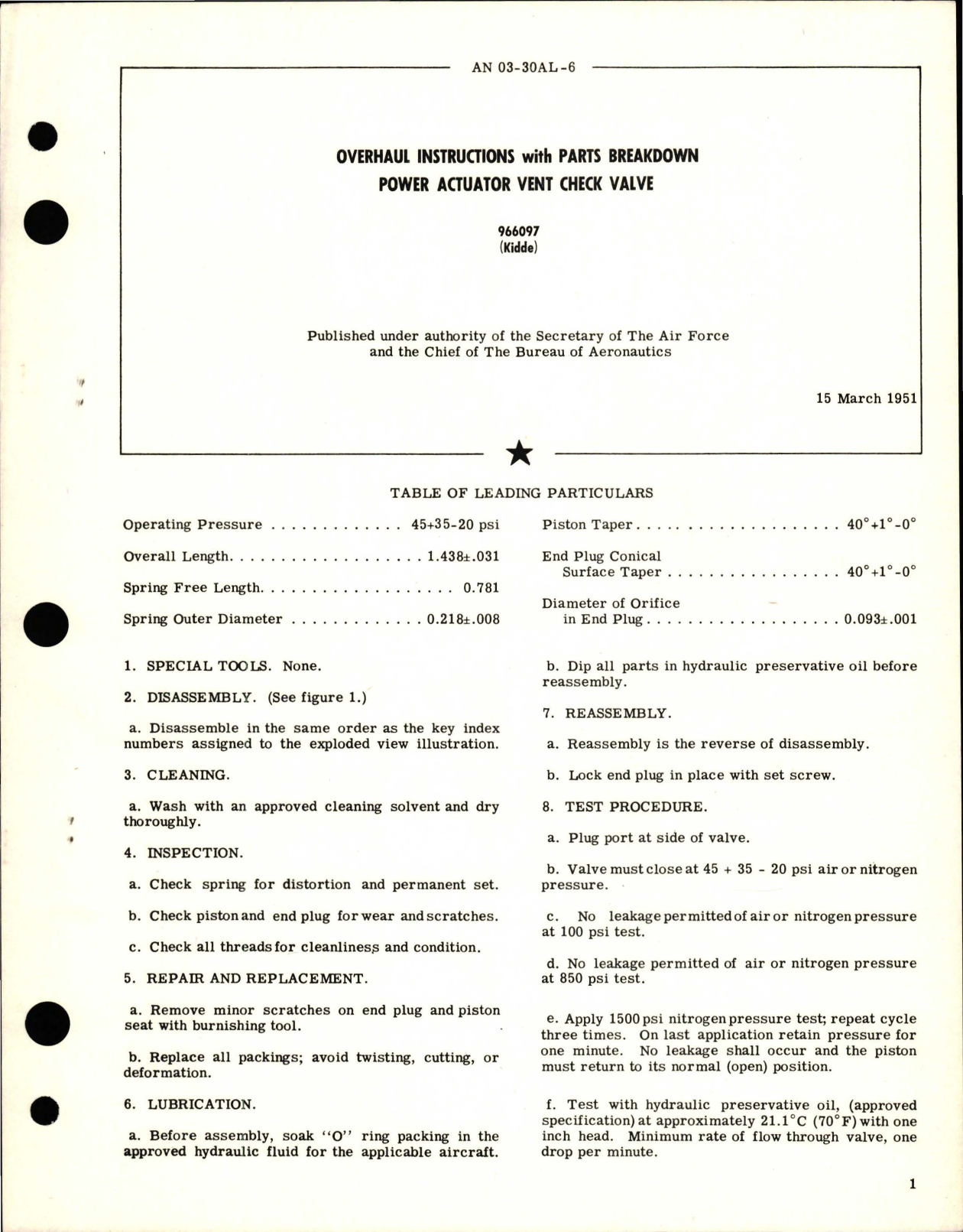 Sample page 1 from AirCorps Library document: Overhaul Instructions with Parts Breakdown for Power Actuator Vent Check Valve - 966097 