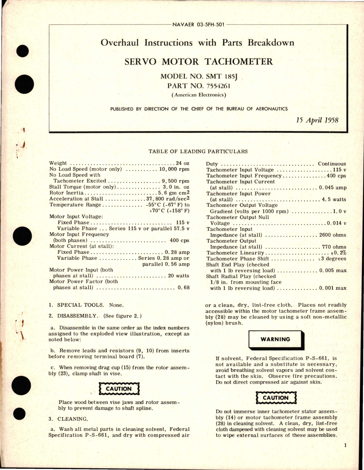 Sample page 1 from AirCorps Library document: Overhaul Instructions with Parts Breakdown for Servo Motor Tachometer - Model SMT 185J - Part 7554261 
