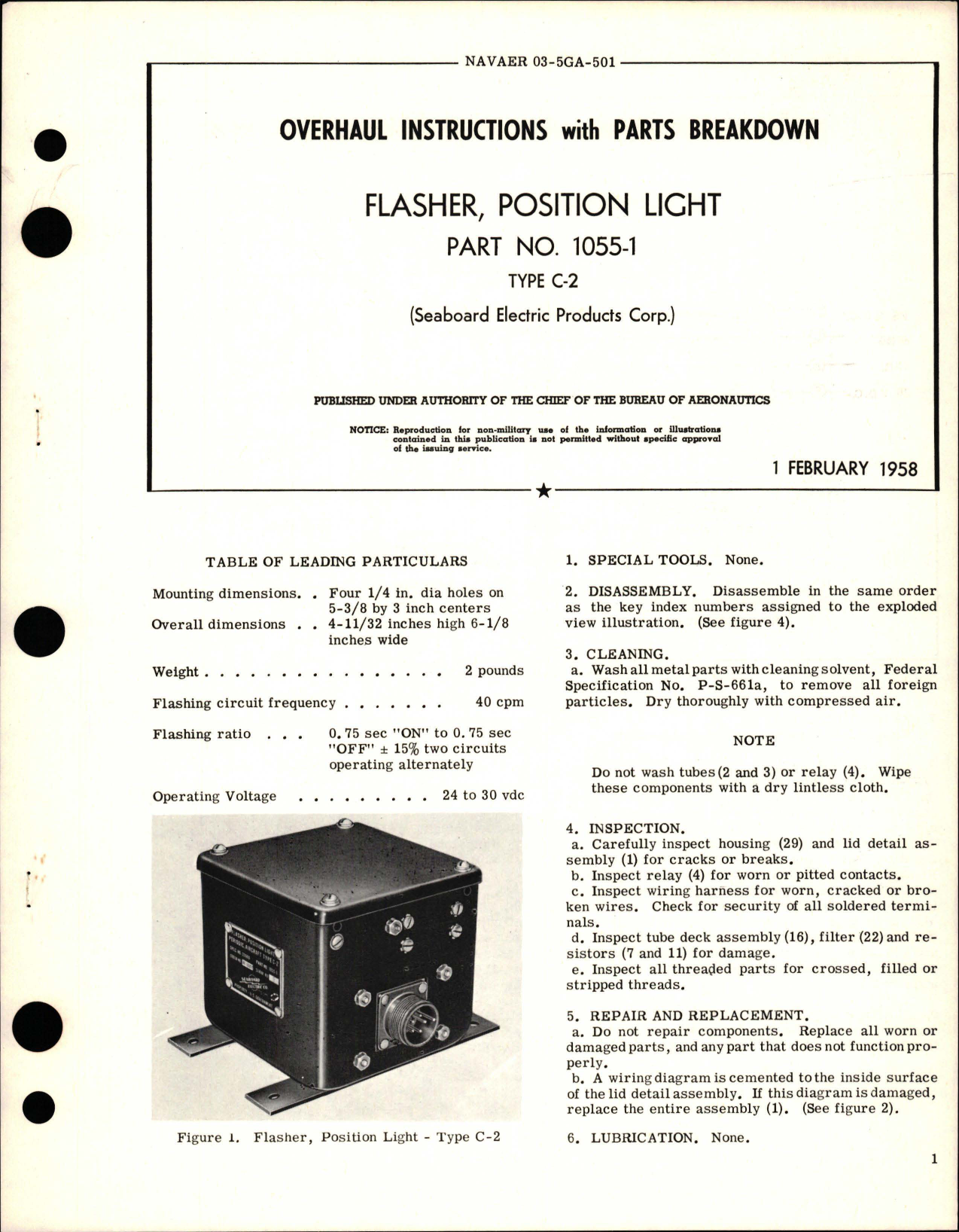 Sample page 1 from AirCorps Library document: Overhaul Instructions with Parts Breakdown for Position Light Flasher - Type C-2, Part 1055-1