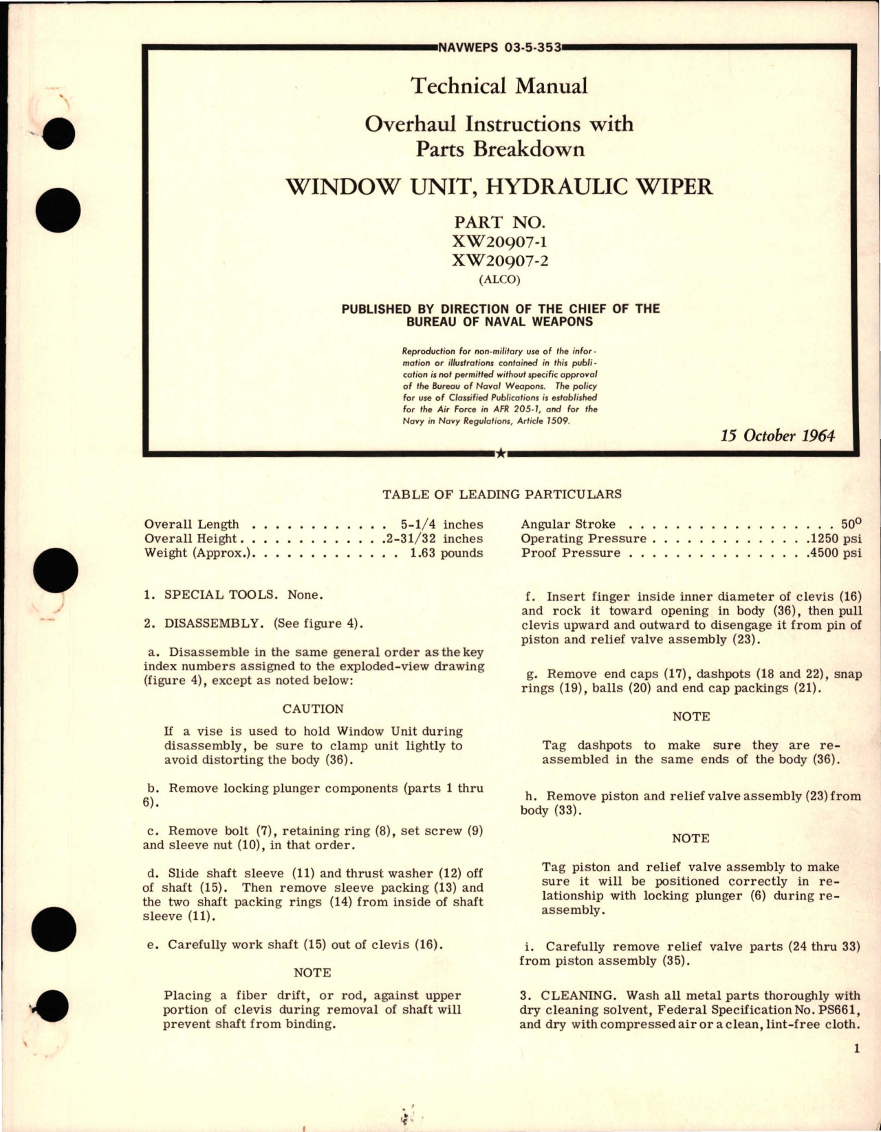 Sample page 1 from AirCorps Library document: Overhaul Instructions with Parts Breakdown for Hydraulic Wiper Window Unit - Parts XW20907-1 and XW20907-2 