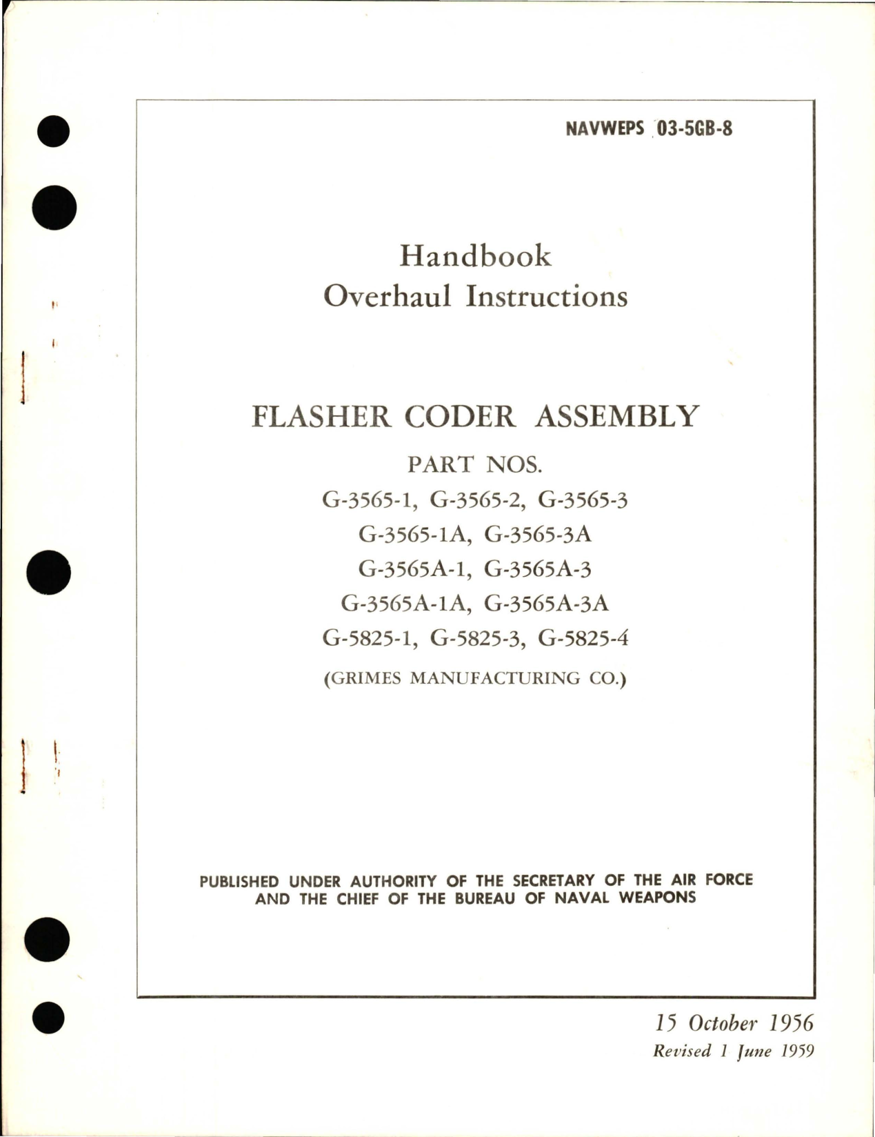 Sample page 1 from AirCorps Library document: Overhaul Instructions for Flasher Coder Assembly - Parts G-3565 Series, G-5825 Series