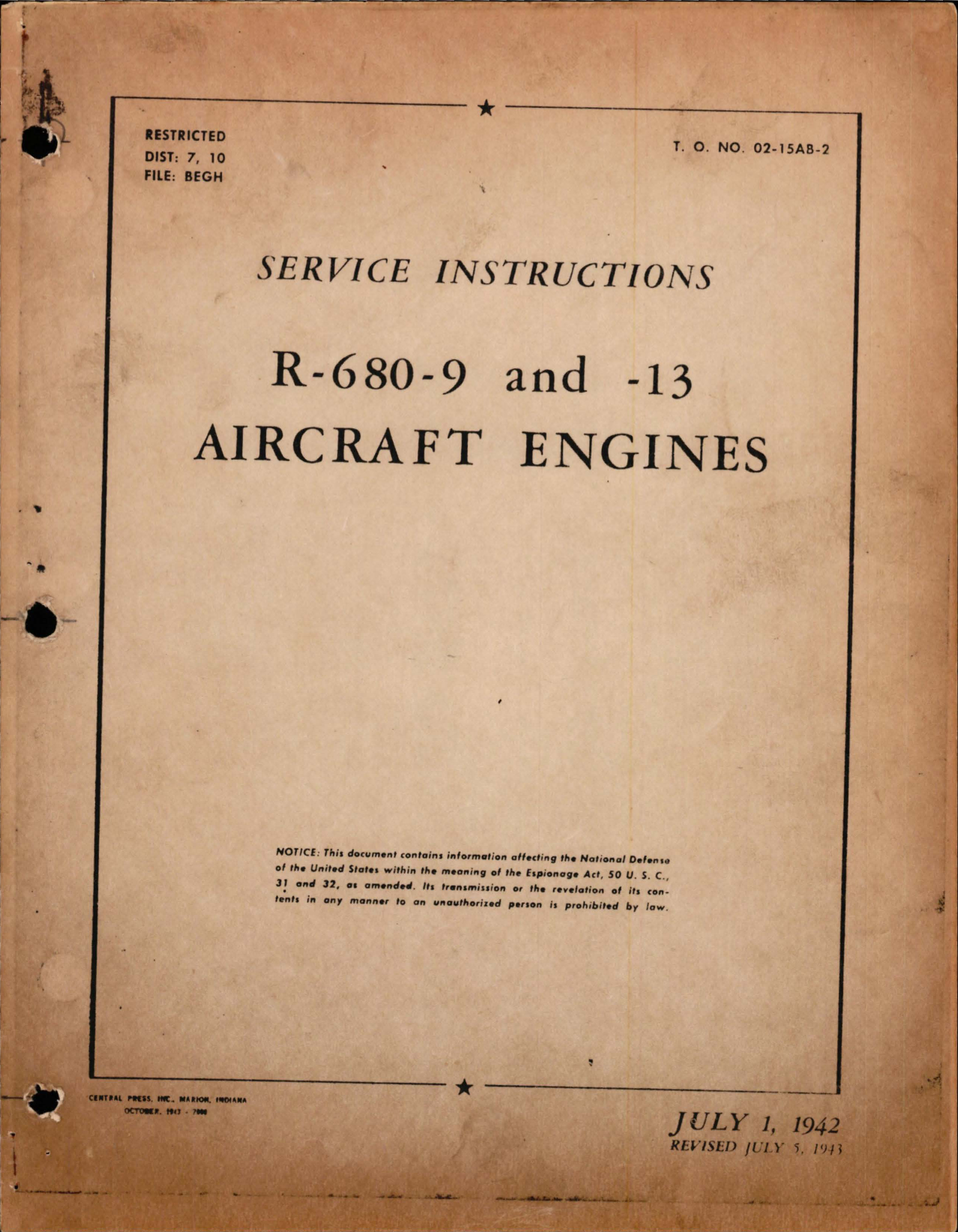 Sample page 1 from AirCorps Library document: Service Instructions for R-680-9 and 680-13 Engines