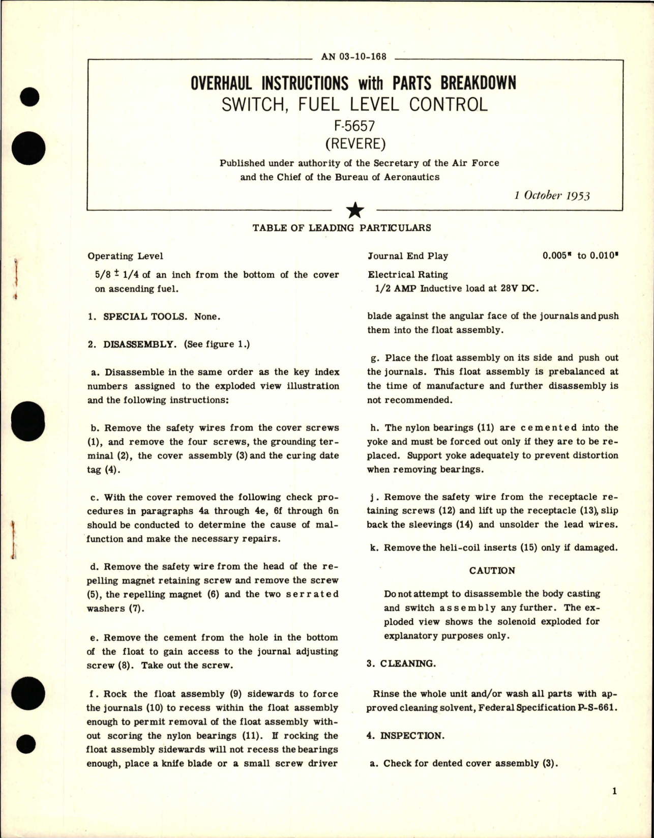 Sample page 1 from AirCorps Library document: Overhaul Instructions with Parts Breakdown for Fuel Level Control Switch - F-5657 