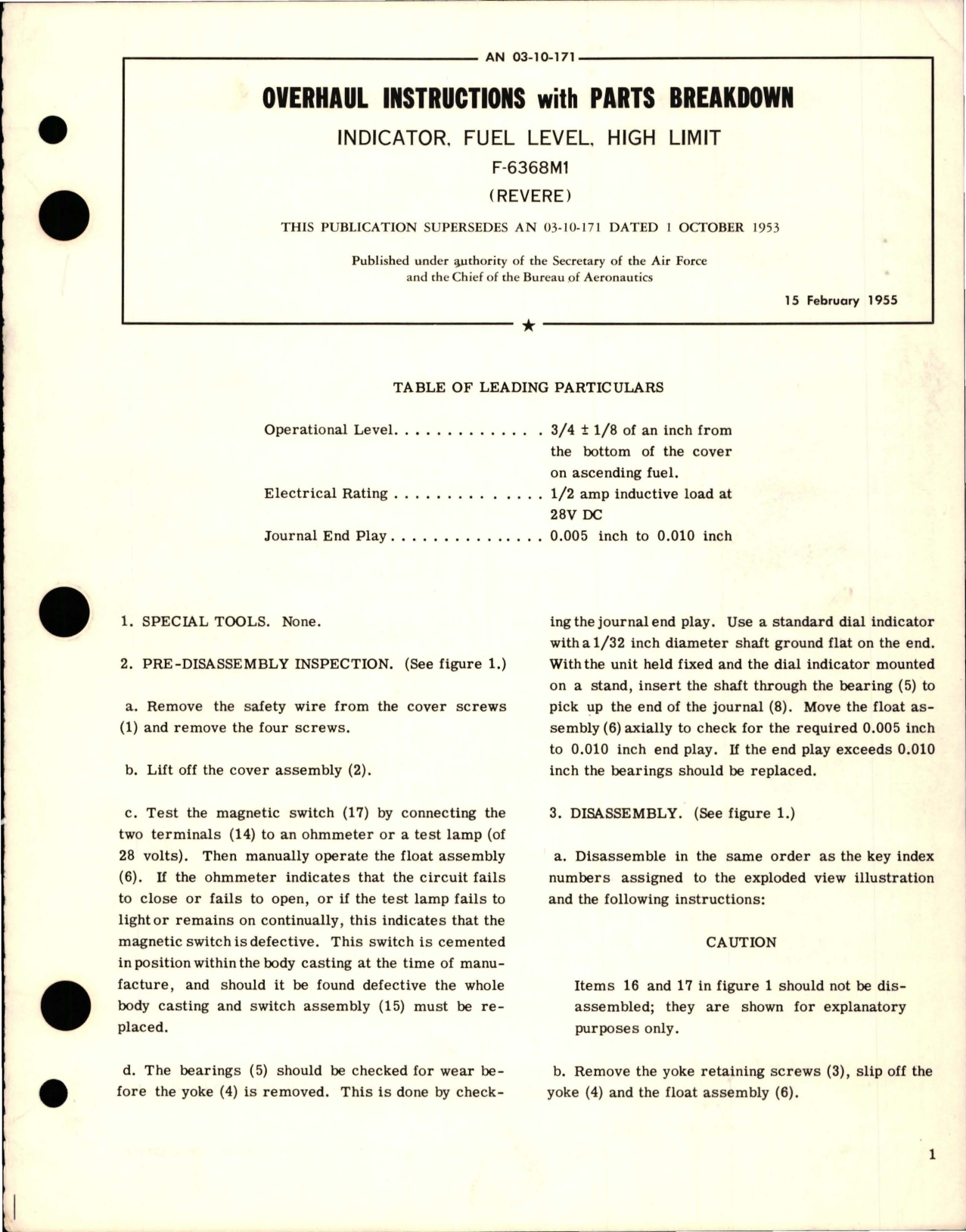 Sample page 1 from AirCorps Library document: Overhaul Instructions with Parts Breakdown for High Limit Fuel Level Indicator - F-6368M1 