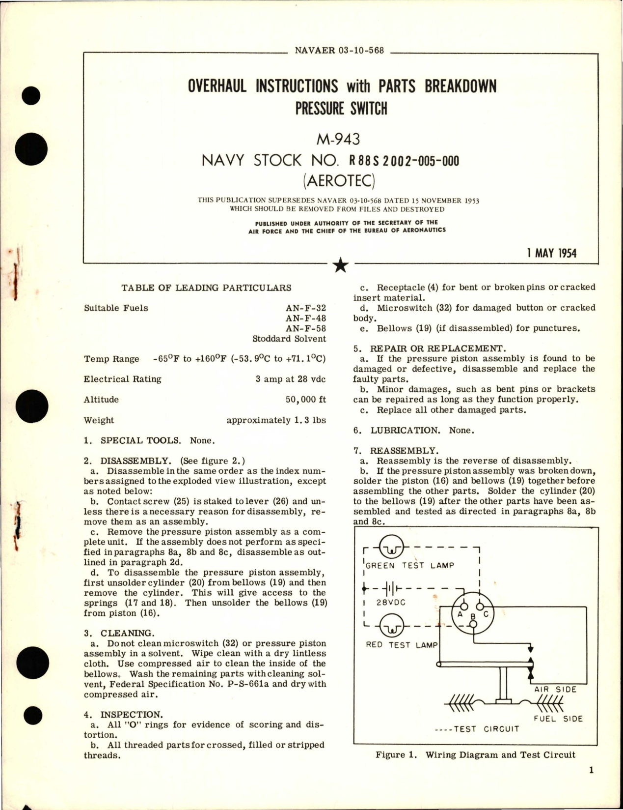 Sample page 1 from AirCorps Library document: Overhaul Instructions with Parts Breakdown for Pressure Switch - M-943 