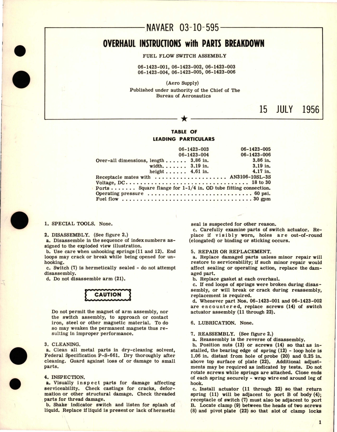 Sample page 1 from AirCorps Library document: Overhaul Instructions with Parts Breakdown for Fuel Flow Switch Assembly 
