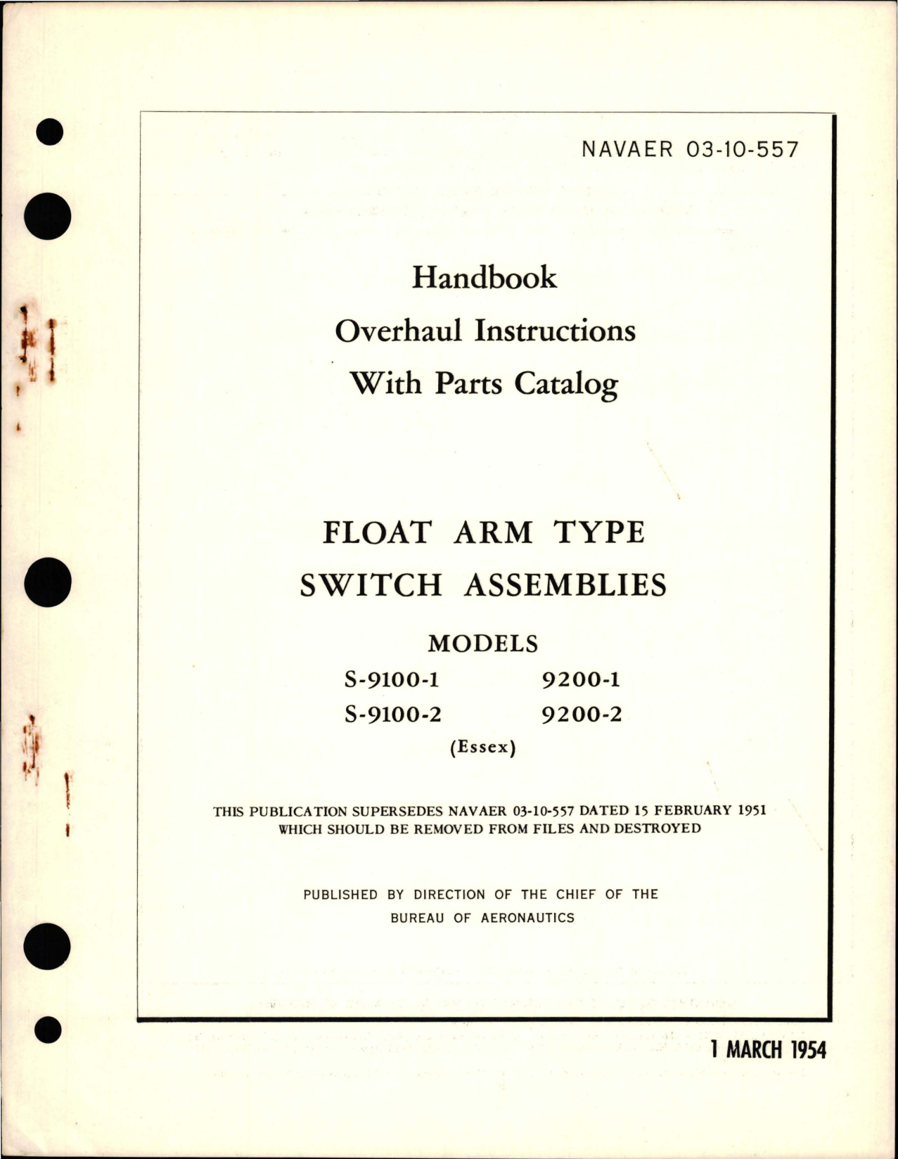 Sample page 1 from AirCorps Library document: Overhaul Instructions with Parts Catalog for Float Arm Type Switch Assembly - Models S-9100-1, S-9100-2, S-9200-1, and S-9200-2 