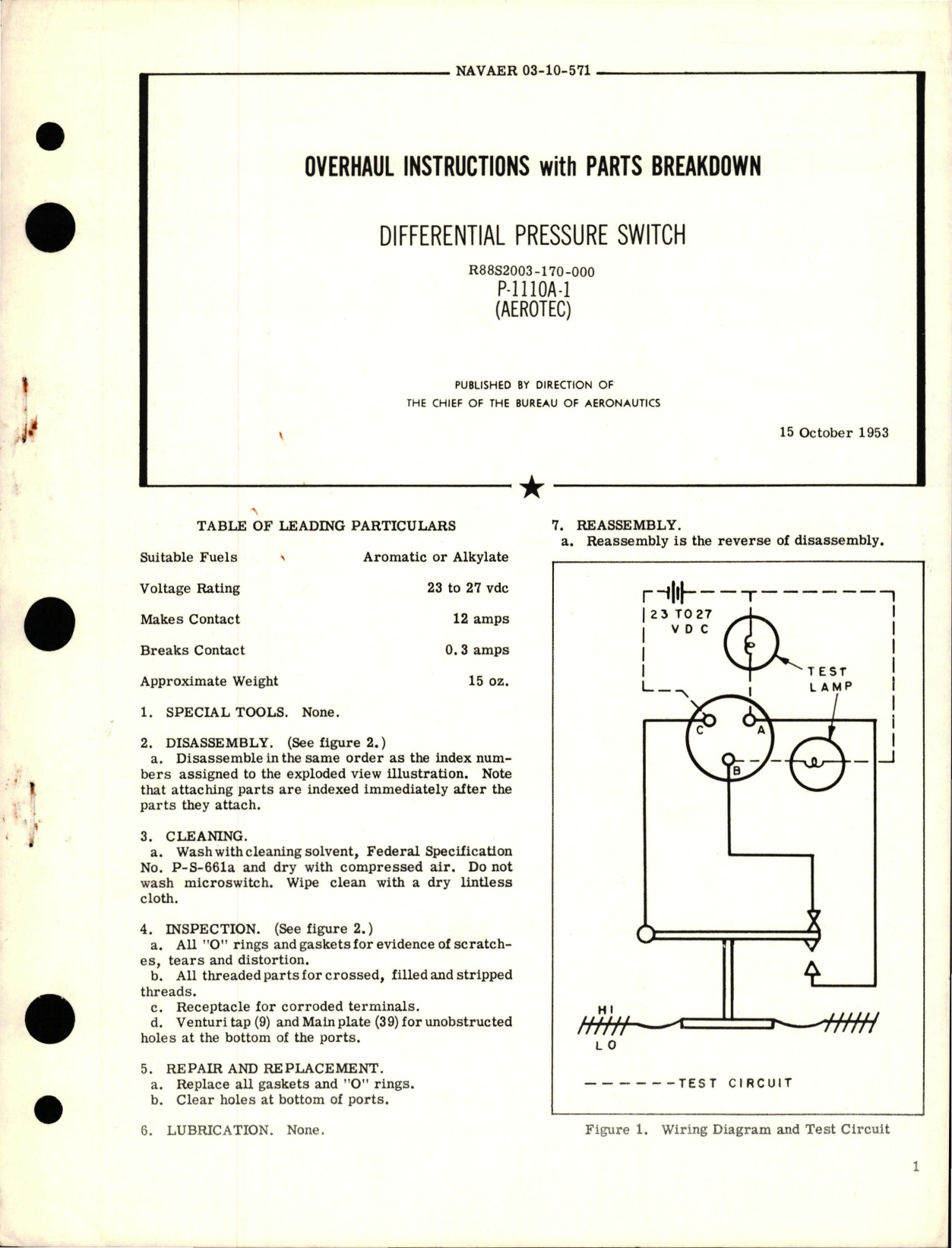 Sample page 1 from AirCorps Library document: Overhaul Instructions with Parts Breakdown for Differential Pressure Switch - P-1110A-1