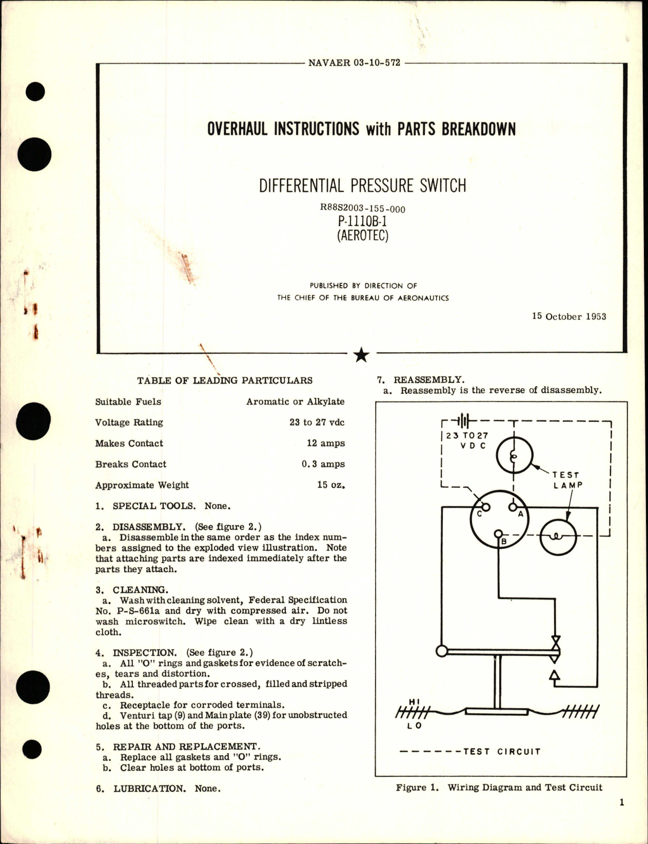Sample page 1 from AirCorps Library document: Overhaul Instructions with Parts Breakdown for Differential Pressure Switch - P-1110B-1