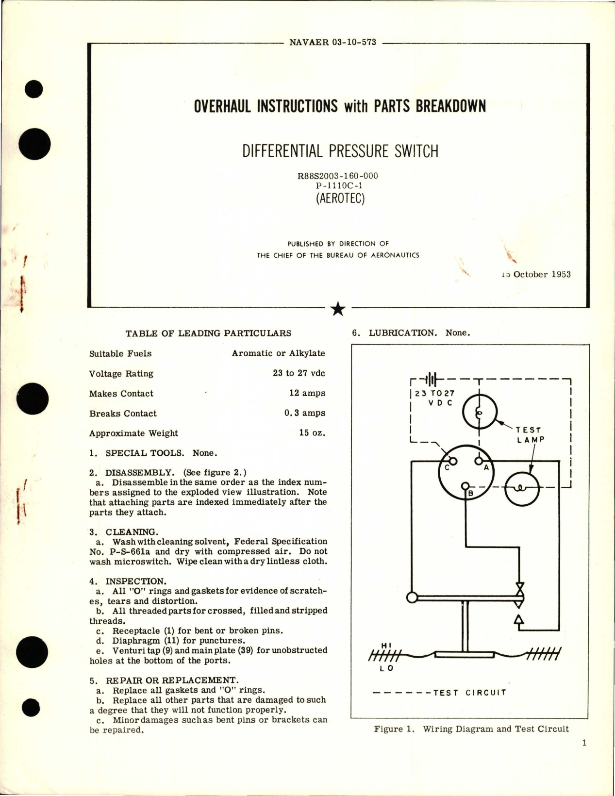 Sample page 1 from AirCorps Library document: Overhaul Instructions with Parts Breakdown for Differential Pressure Switch - P-1110C-1