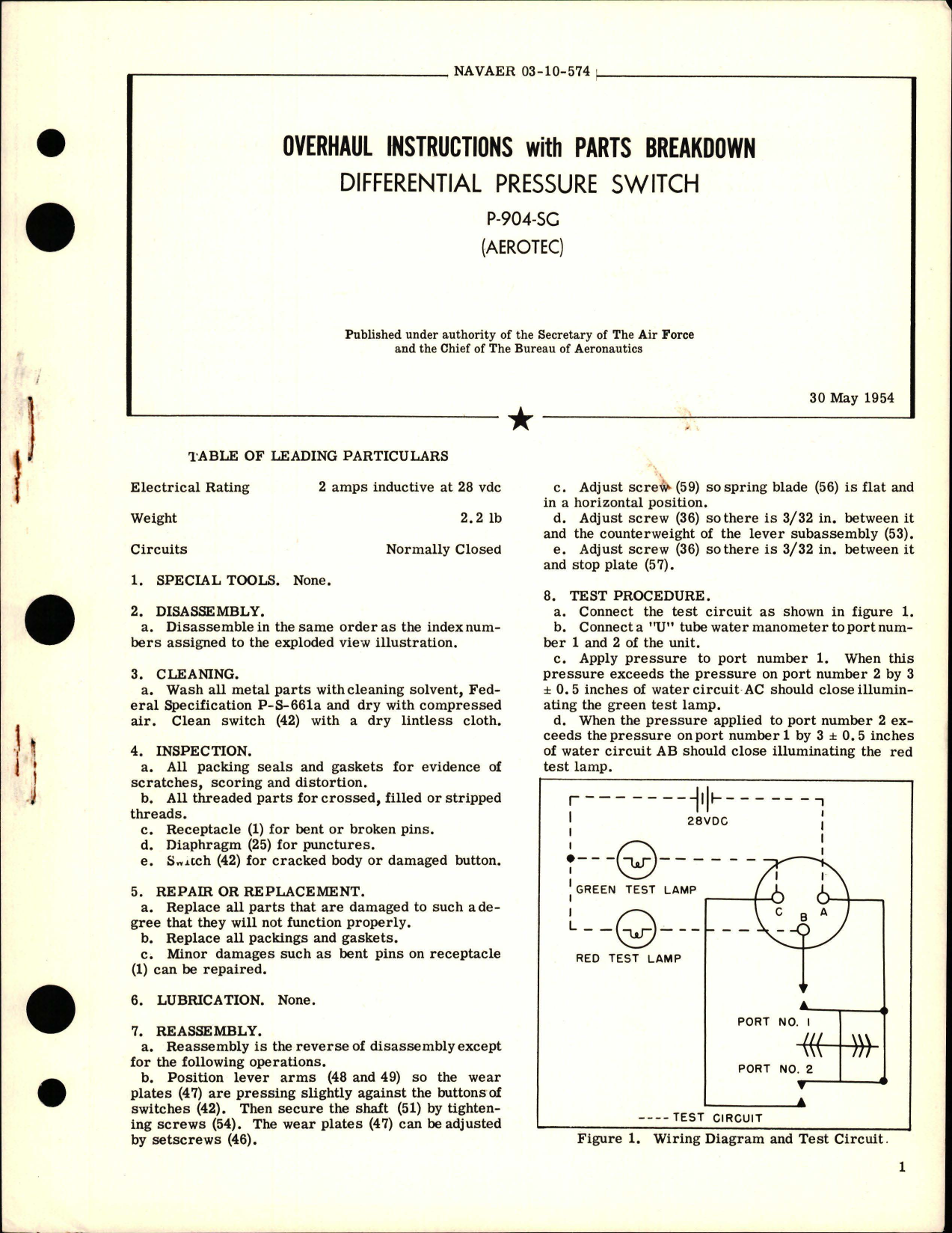 Sample page 1 from AirCorps Library document: Overhaul Instructions with Parts Breakdown for Differential Pressure Switch - P-904-SG