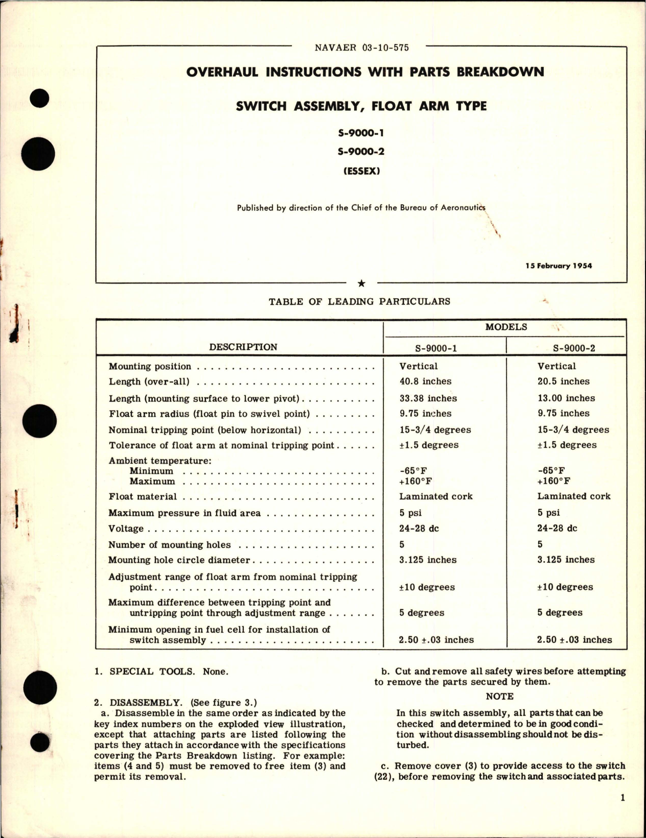 Sample page 1 from AirCorps Library document: Overhaul Instructions with Parts Breakdown for Float Arm Type Switch Assembly - S-9000-1 and S-9000-2 