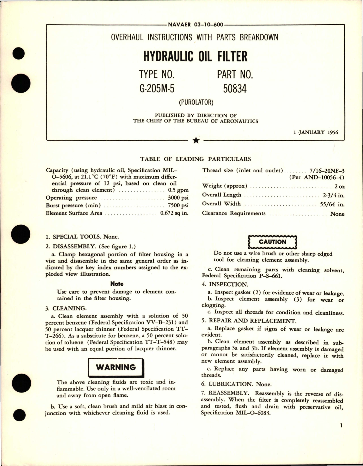 Sample page 1 from AirCorps Library document: Overhaul Instructions with Parts Breakdown for Hydraulic Oil Filter - Type G-205M-5, Part 50834 