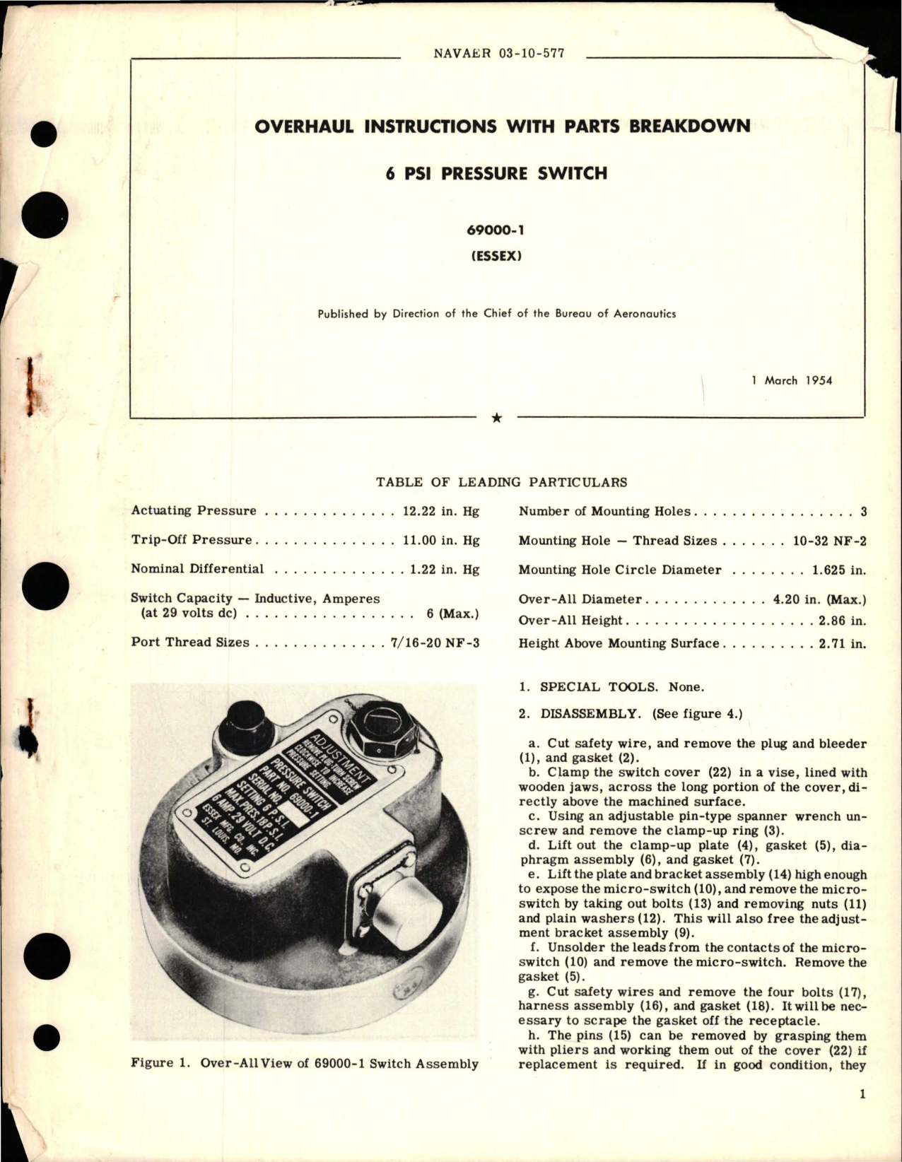 Sample page 1 from AirCorps Library document: Overhaul Instructions with Parts Breakdown for Pressure Switch 6 PSI - 69000-1