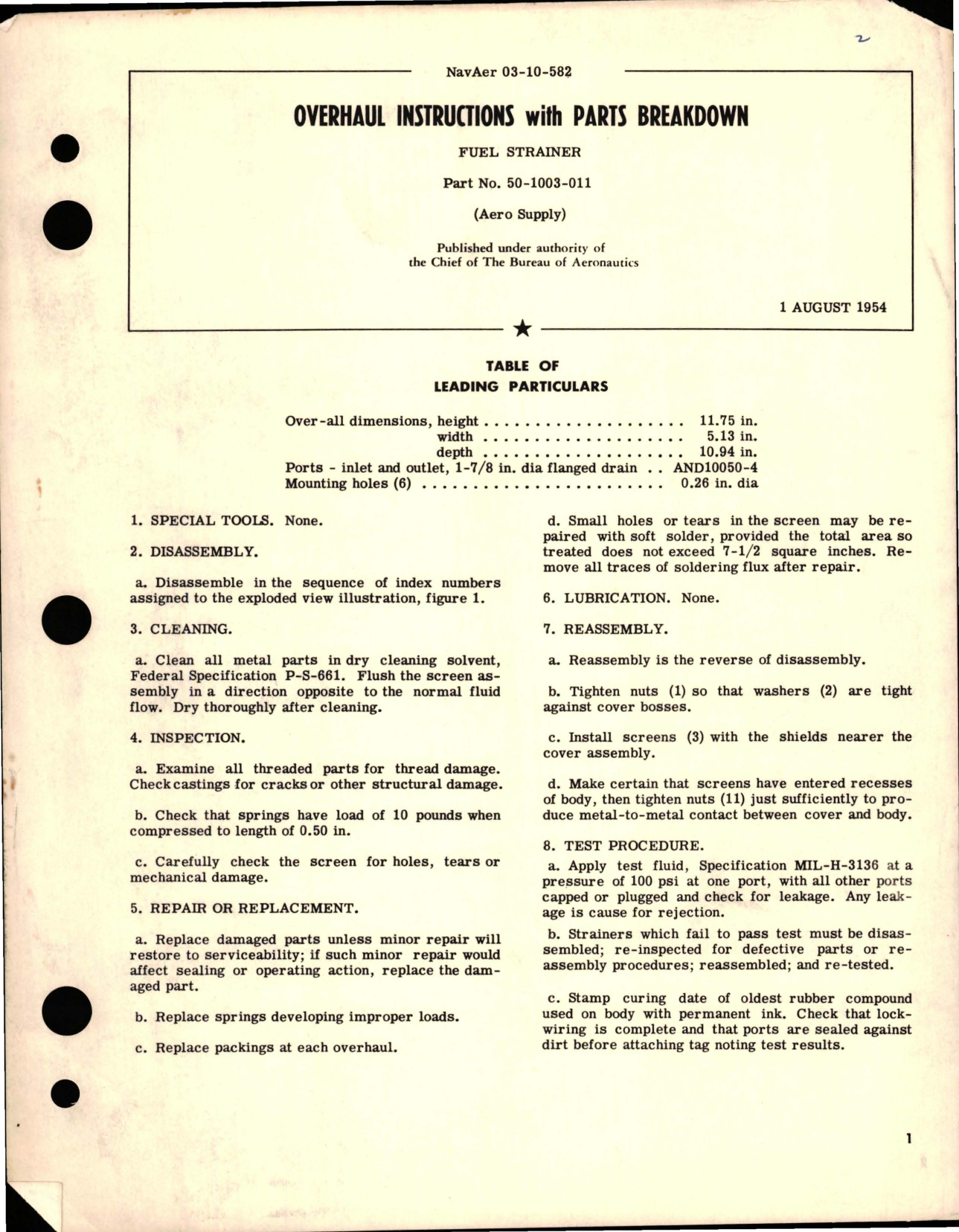 Sample page 1 from AirCorps Library document: Overhaul Instructions with Parts Breakdown for Fuel Strainer - Part 50-1003-011