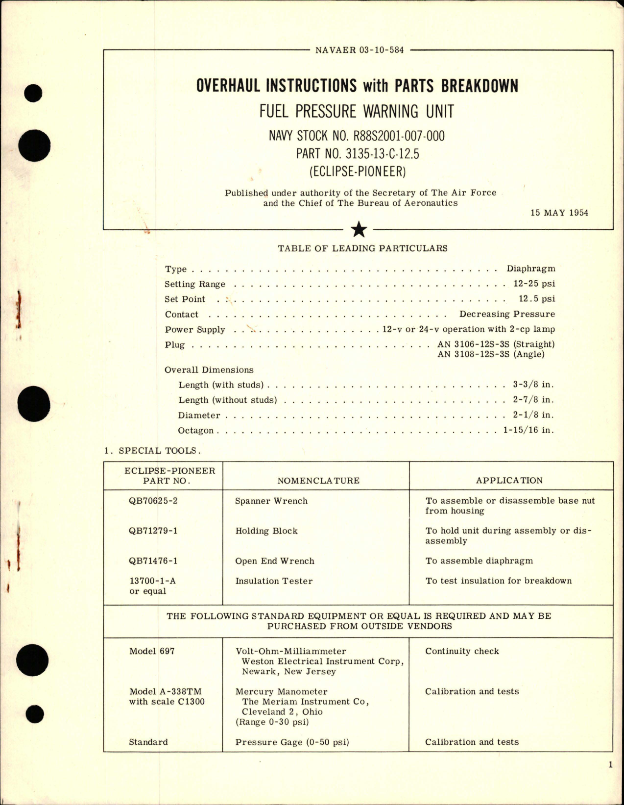 Sample page 1 from AirCorps Library document: Overhaul  Instructions with Parts Breakdown for Fuel Pressure Warning Unit - Part 3135-13-C-12.5