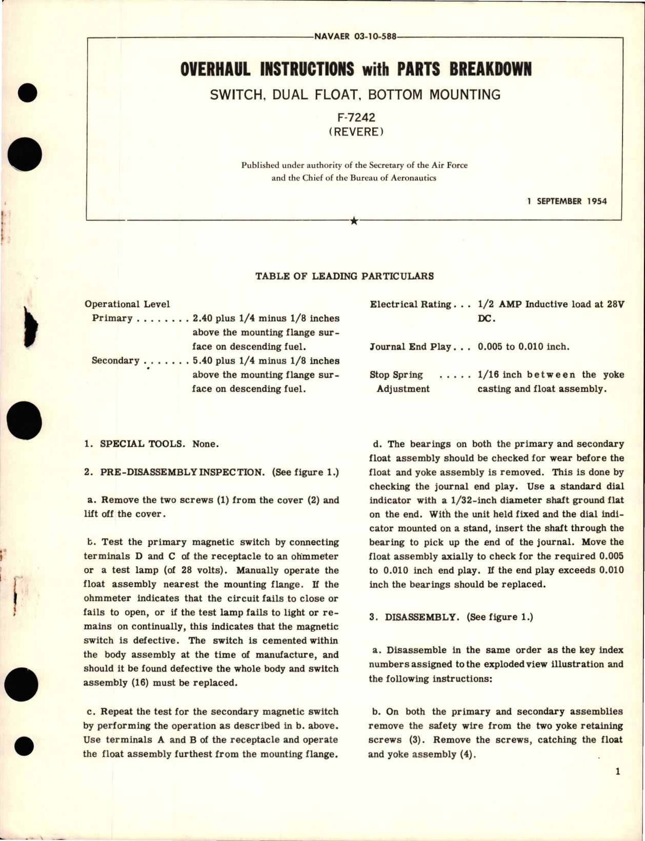 Sample page 1 from AirCorps Library document: Overhaul Instructions with Parts Breakdown for Bottom Mounting Dual Float Switch - F-7242 