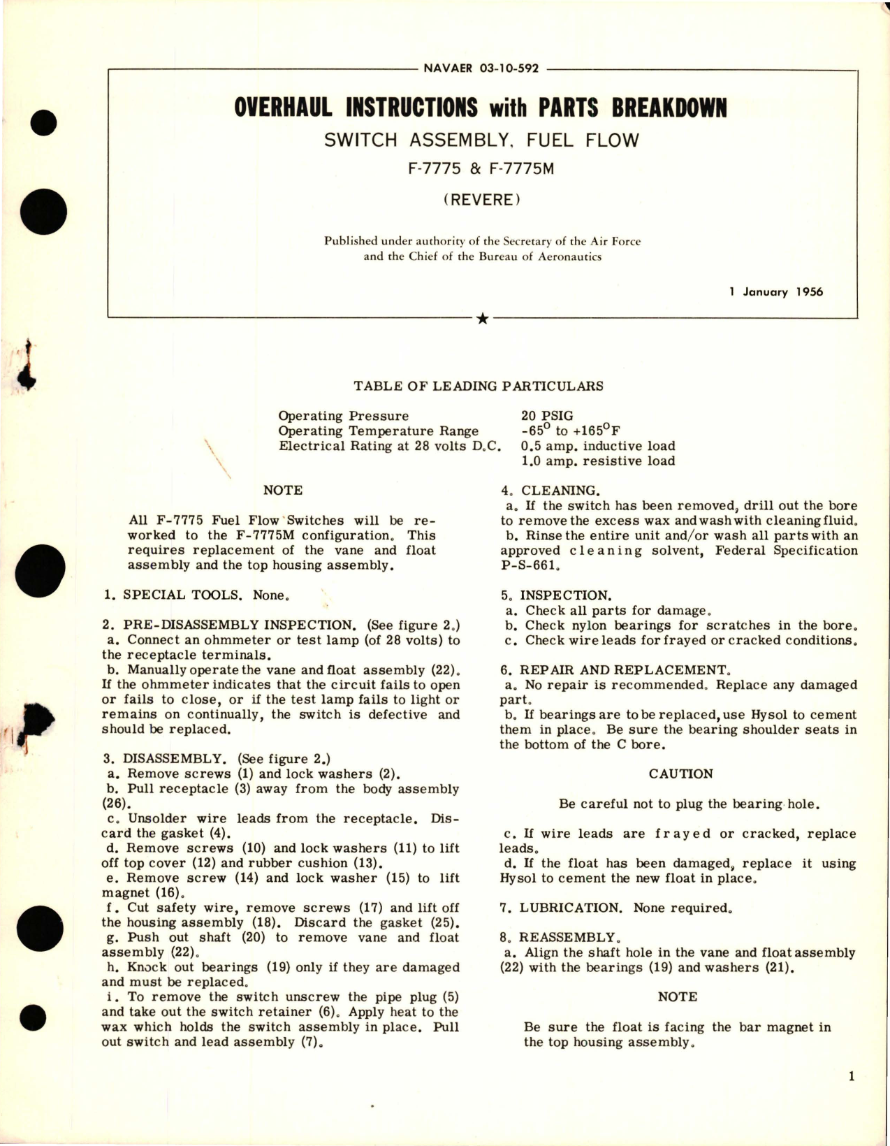 Sample page 1 from AirCorps Library document: Overhaul Instructions with Parts Breakdown for Fuel Flow Switch Assembly - F-7775 and F-7775M