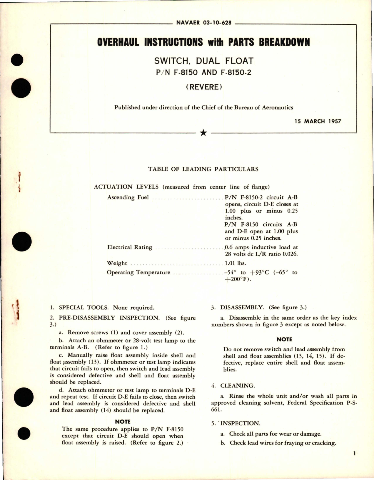 Sample page 1 from AirCorps Library document: Overhaul Instructions with Parts Breakdown for Dual Float Switch - F-8150 and F-8150-2 