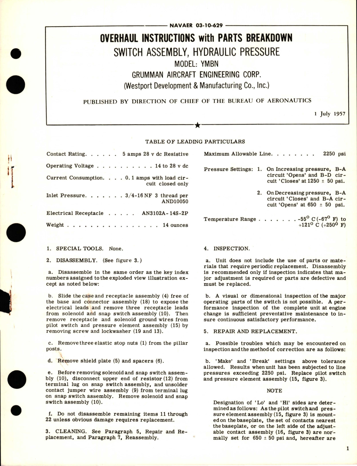 Sample page 1 from AirCorps Library document: Overhaul Instructions with Parts Breakdown for Hydraulic Pressure Switch Assembly - Model YMBN