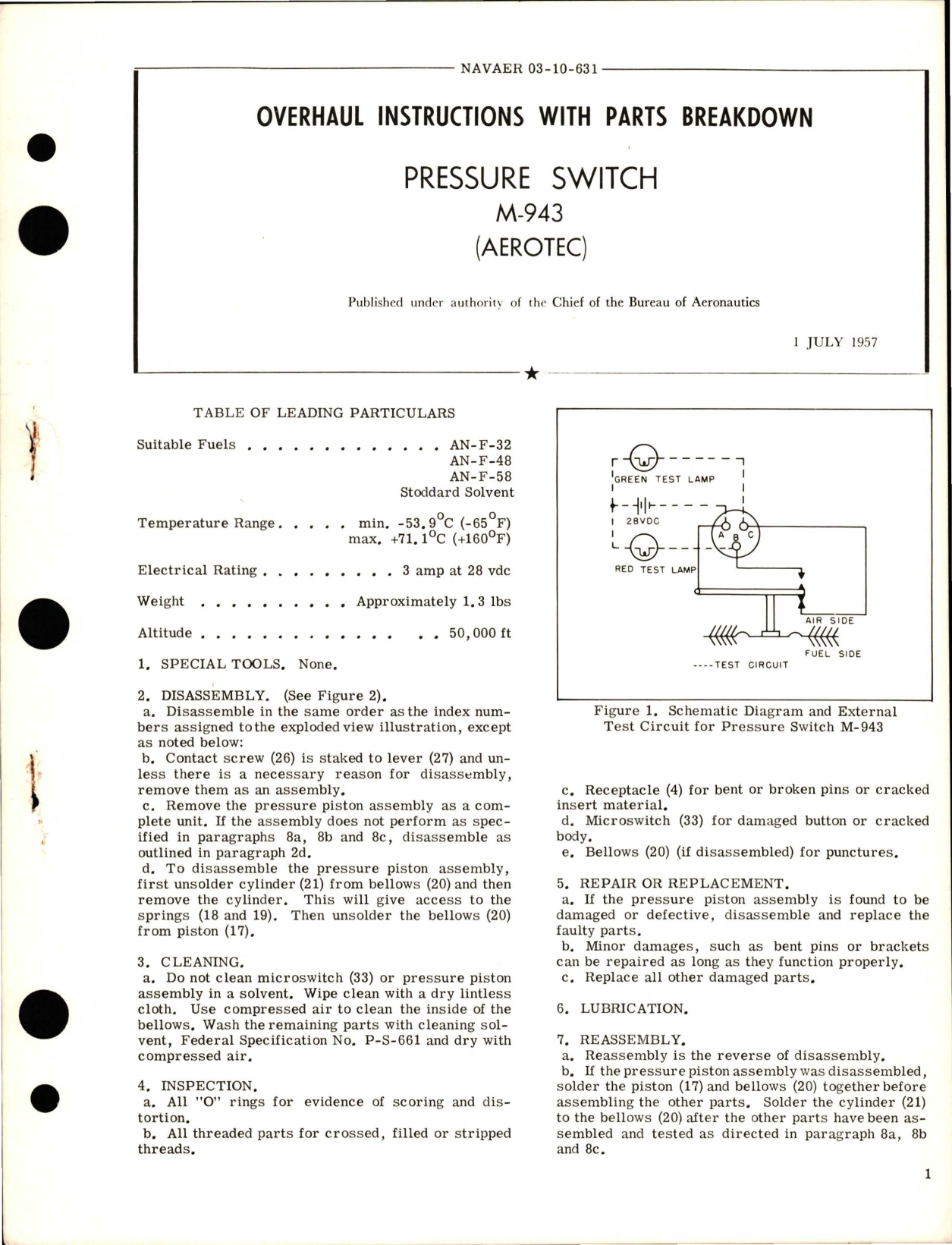 Sample page 1 from AirCorps Library document: Overhaul Instructions with Parts Breakdown for Pressure Switch - M-943