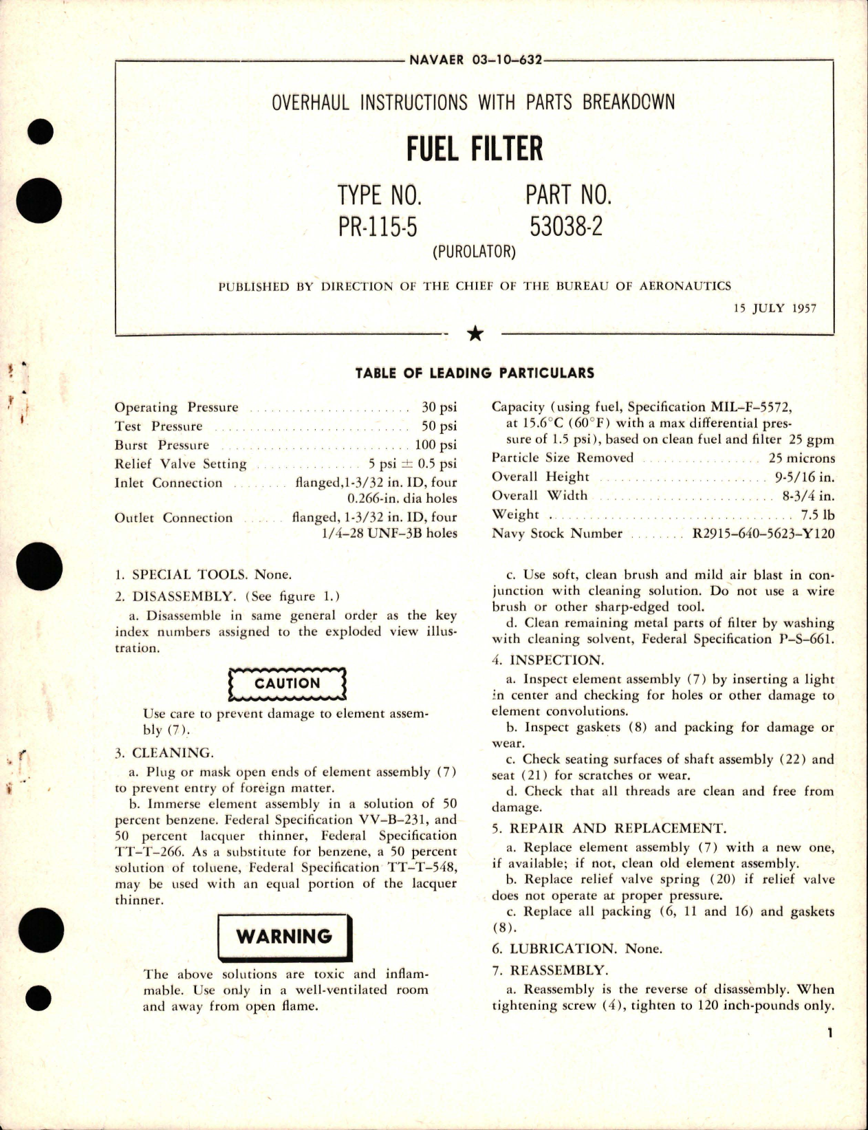 Sample page 1 from AirCorps Library document: Overhaul Instructions with Parts Breakdown for Fuel Filter - Type PR-115-5 - Part 53038-2