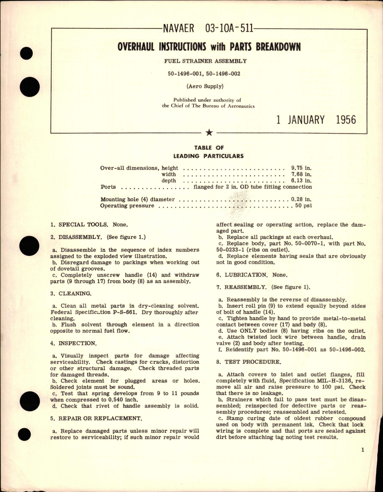 Sample page 1 from AirCorps Library document: Overhaul Instructions with Parts Breakdown for Fuel Strainer Assembly - 50-1496-001, 50-1496-002