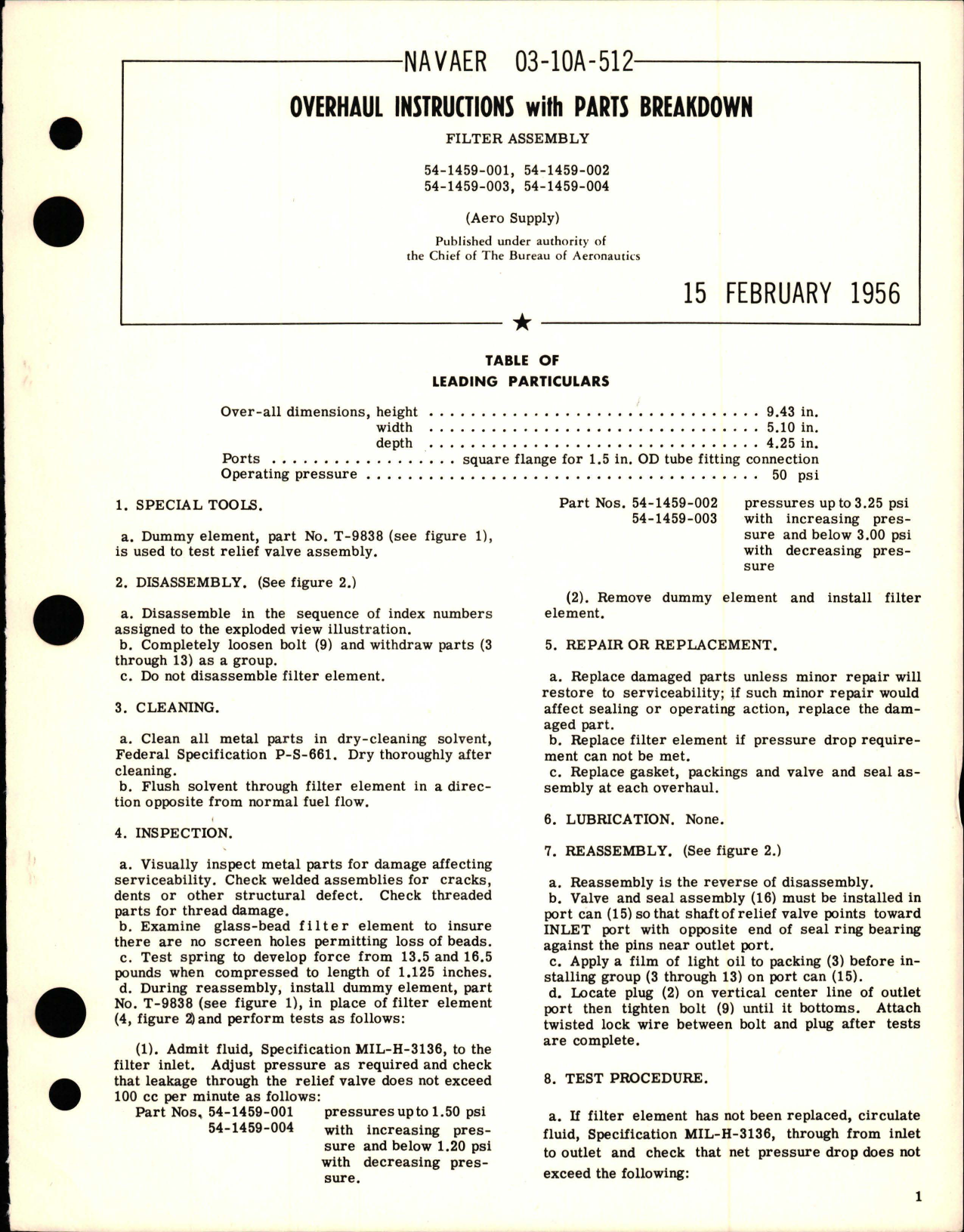 Sample page 1 from AirCorps Library document: Overhaul Instructions with Parts Breakdown for Filter Assembly - 54-1459-001, 54-1459-002, 54-1459-003, and 54-1459-004 