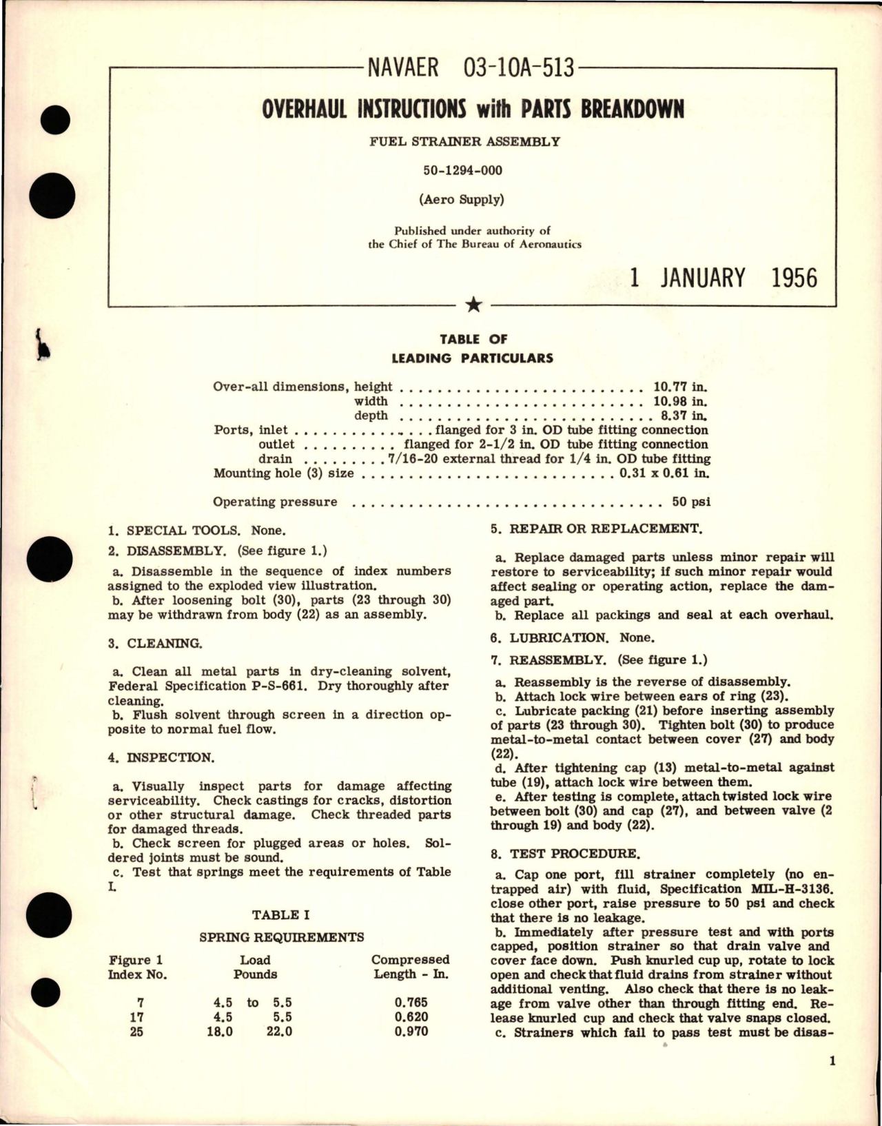 Sample page 1 from AirCorps Library document: Overhaul Instructions with Parts Breakdown for Fuel Strainer Assembly - 50-1294-000 