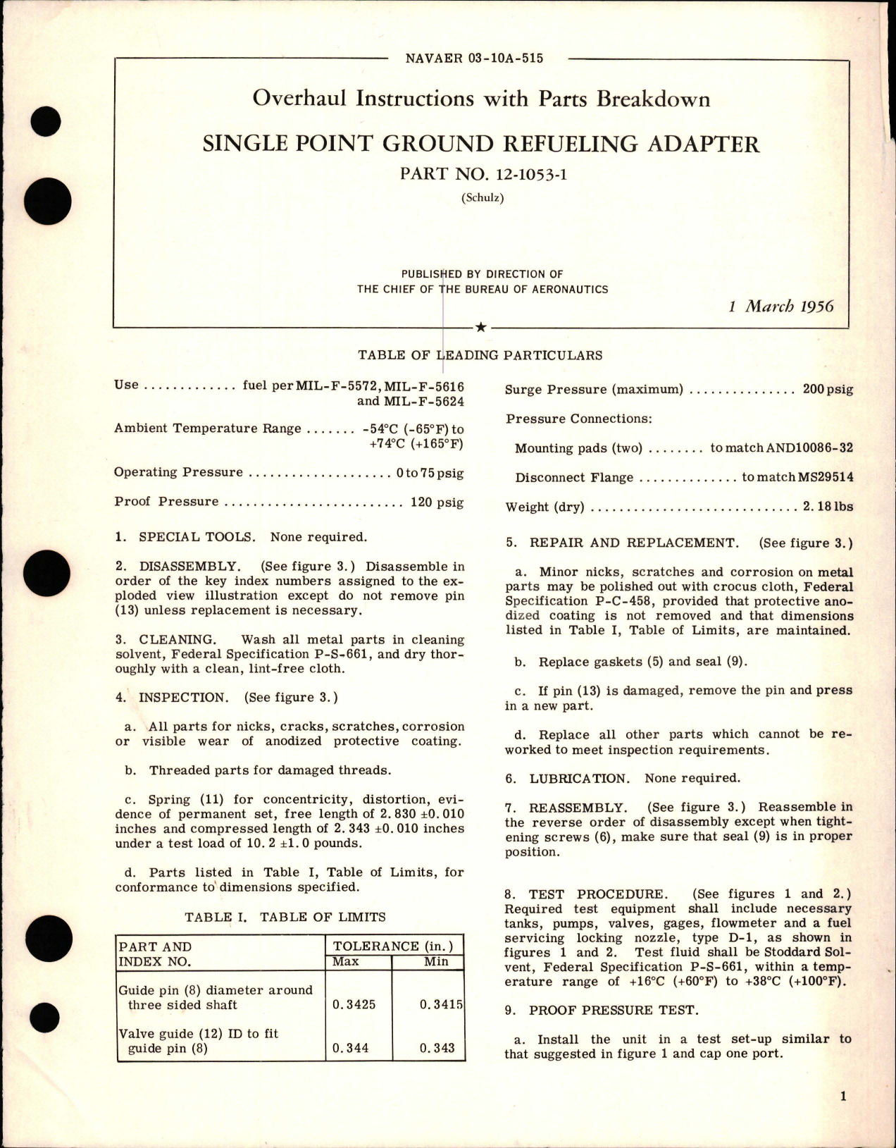 Sample page 1 from AirCorps Library document: Overhaul Instructions with Parts Breakdown for Single Point Ground Refueling Adapter - Part 12-1053-1