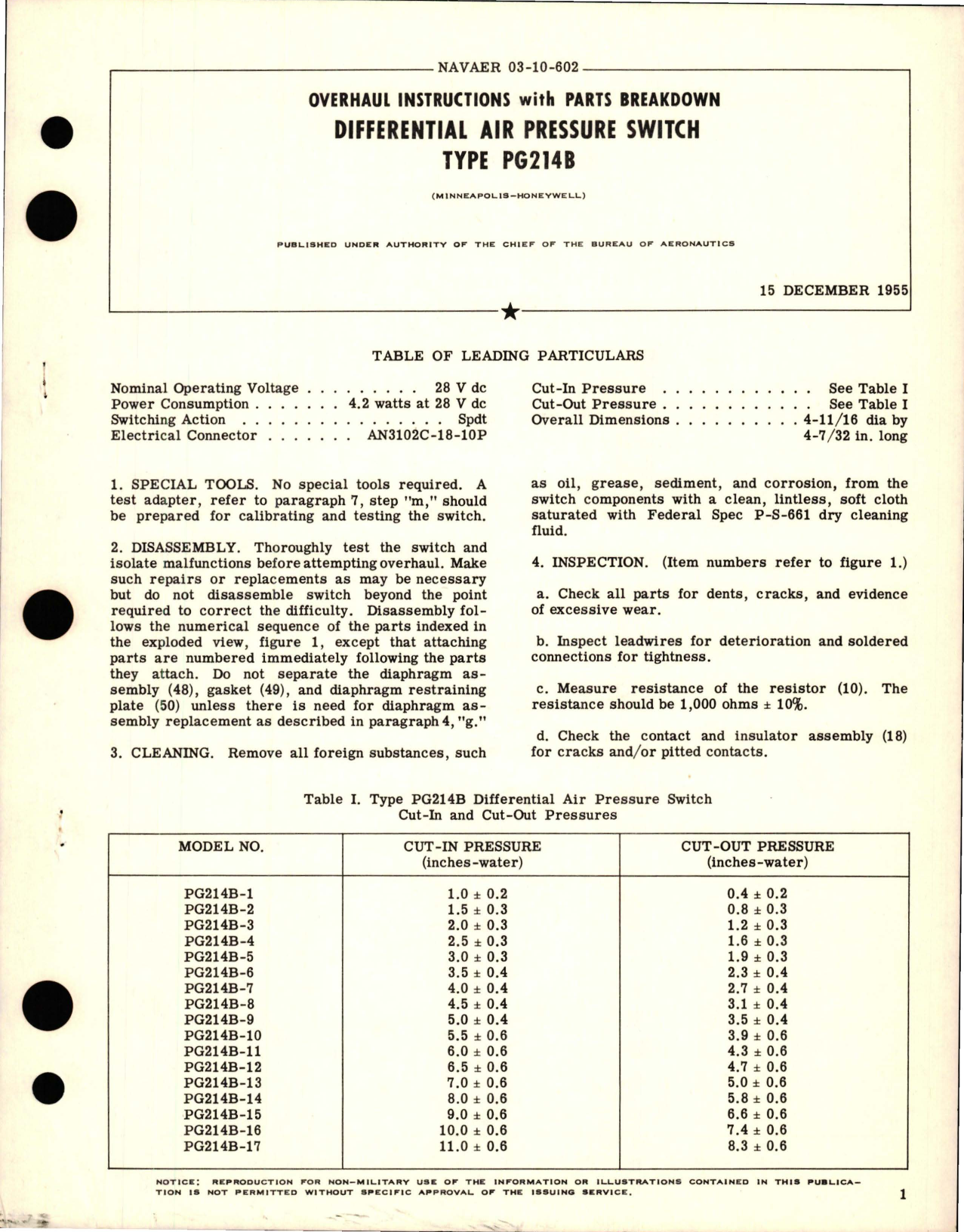 Sample page 1 from AirCorps Library document: Overhaul Instructions with Parts Breakdown for Differential Air Pressure Switch - Type PG214B