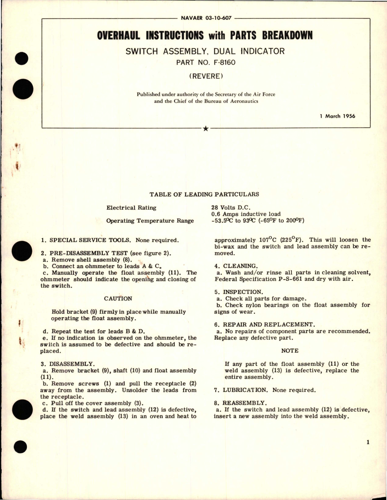 Sample page 1 from AirCorps Library document: Overhaul Instructions with Parts Breakdown for Dual Indicator Switch Assembly - Part F-8160 
